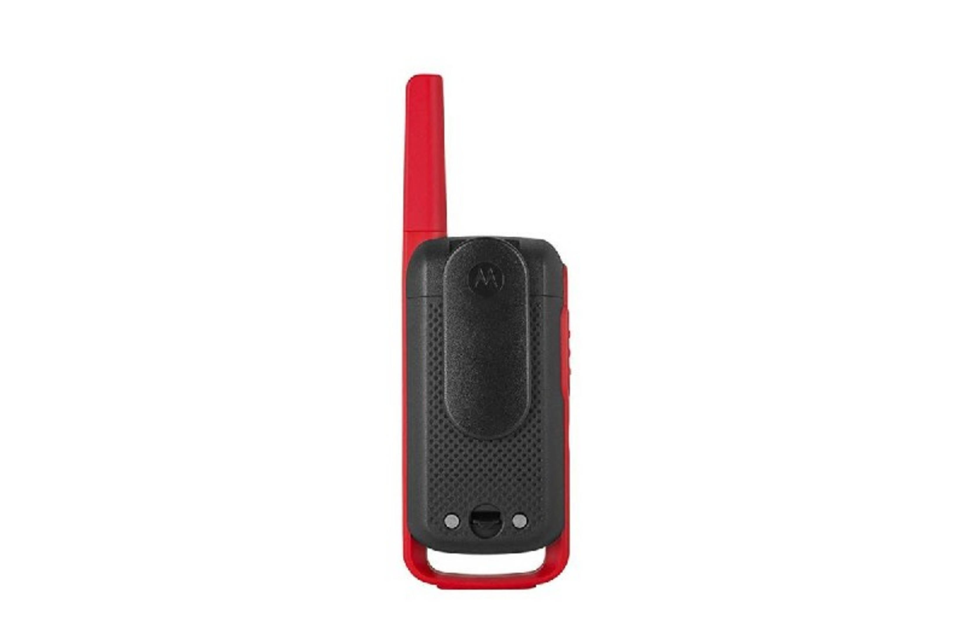 Un walkie-talkie Motorola rosso e nero con clip da cintura.