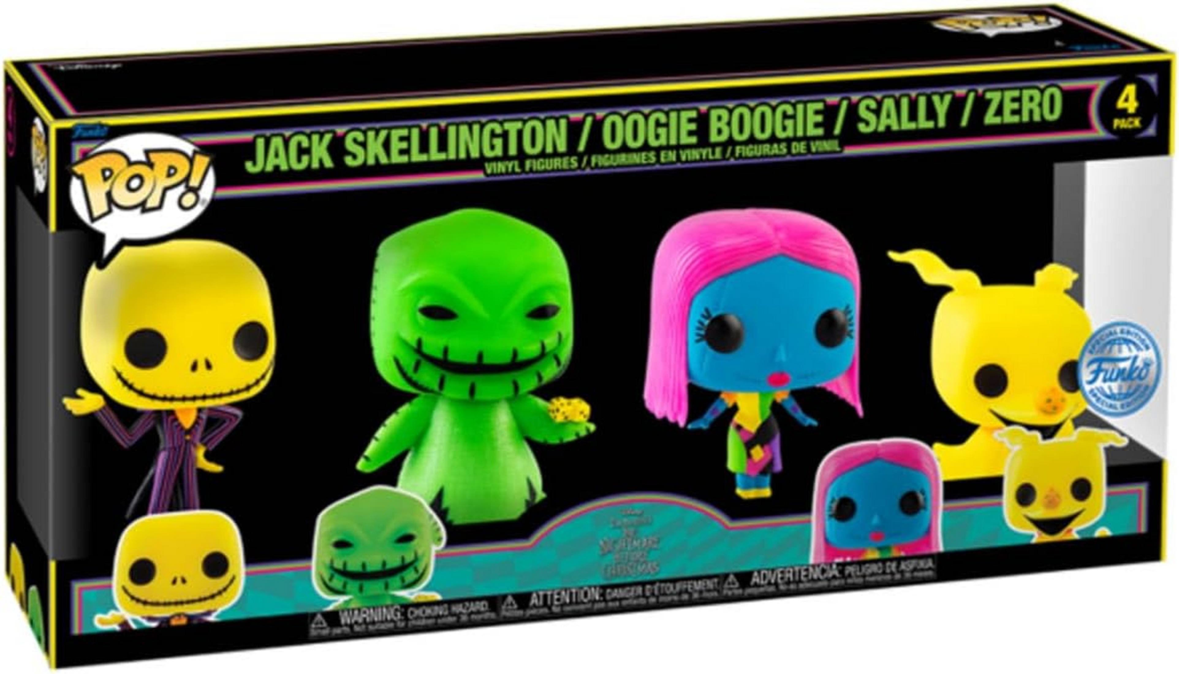 Figure Funko Pop di Jack, Oogie Boogie, Sally e Zero in una confezione regalo.