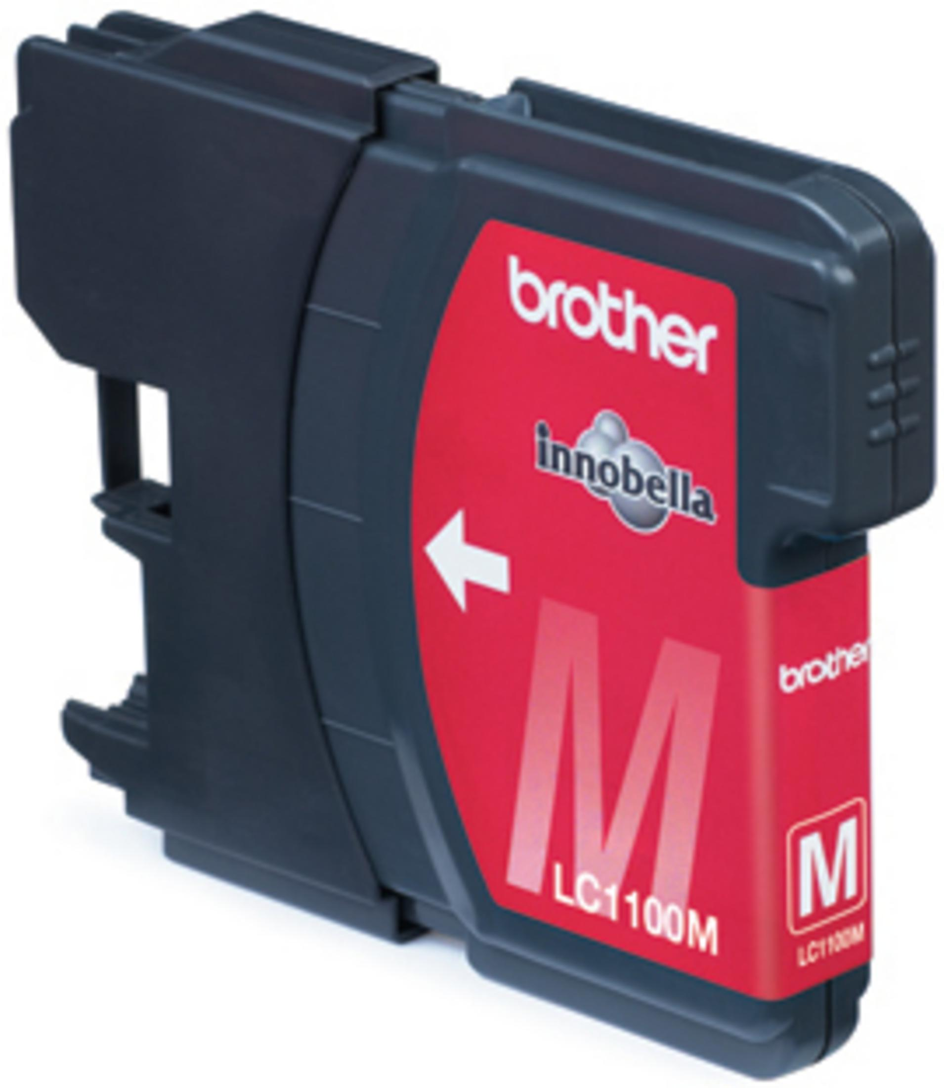 Zwarte Brother inktcartridge met rood label en "M"-symbool.
