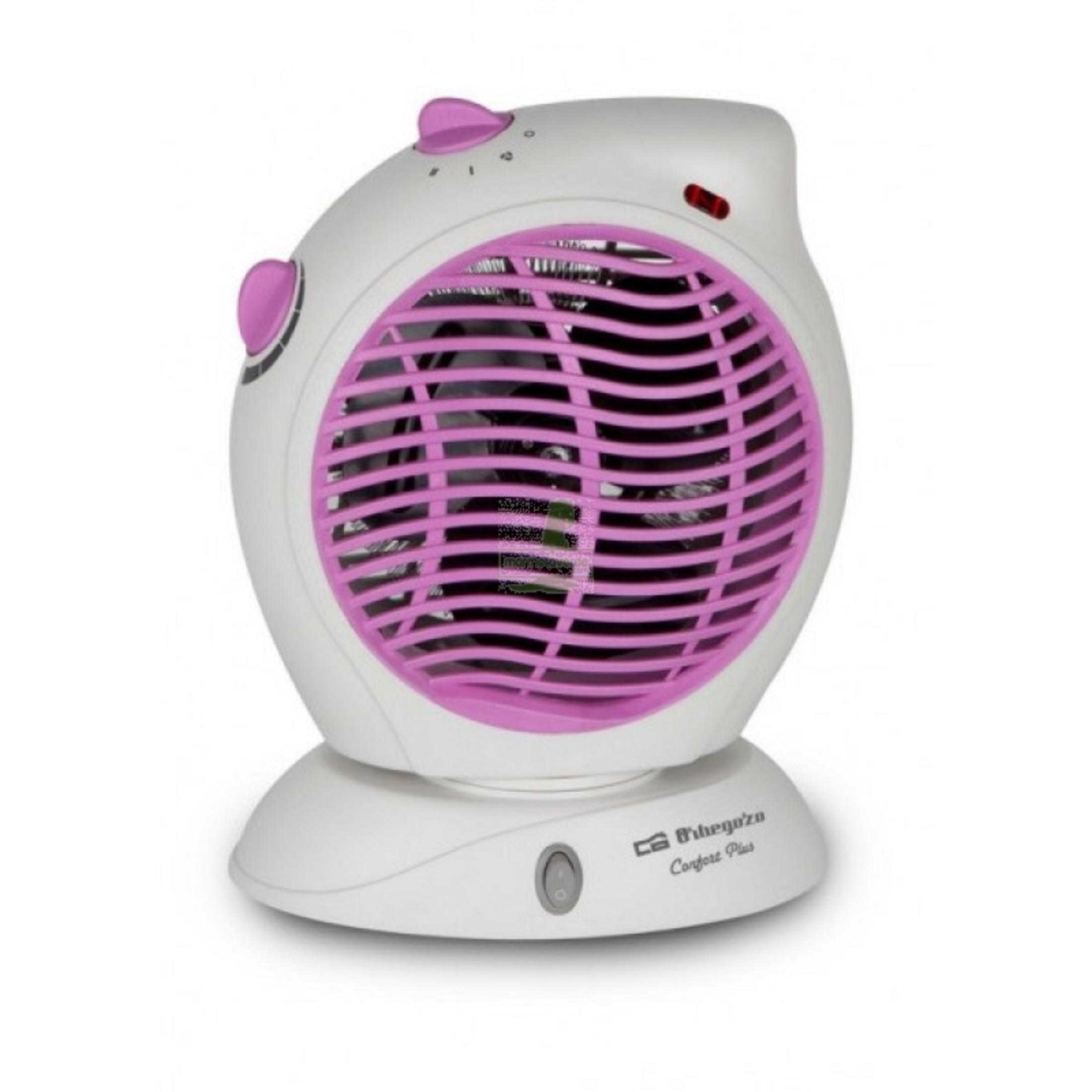 Un calefactor ventilador blanco con detalles rosas y un interruptor.