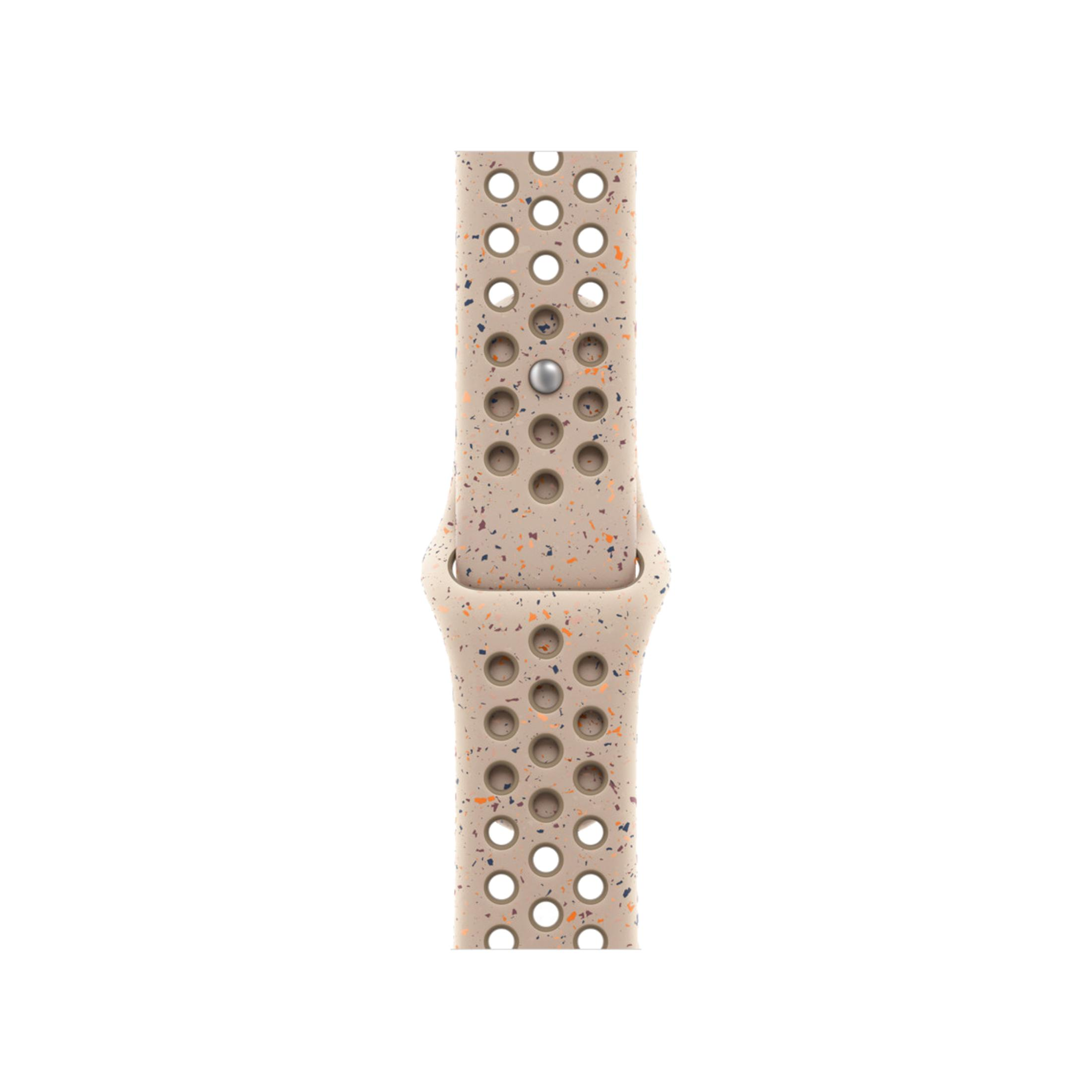 Cinturino per orologio beige con perforazioni e macchioline colorate.