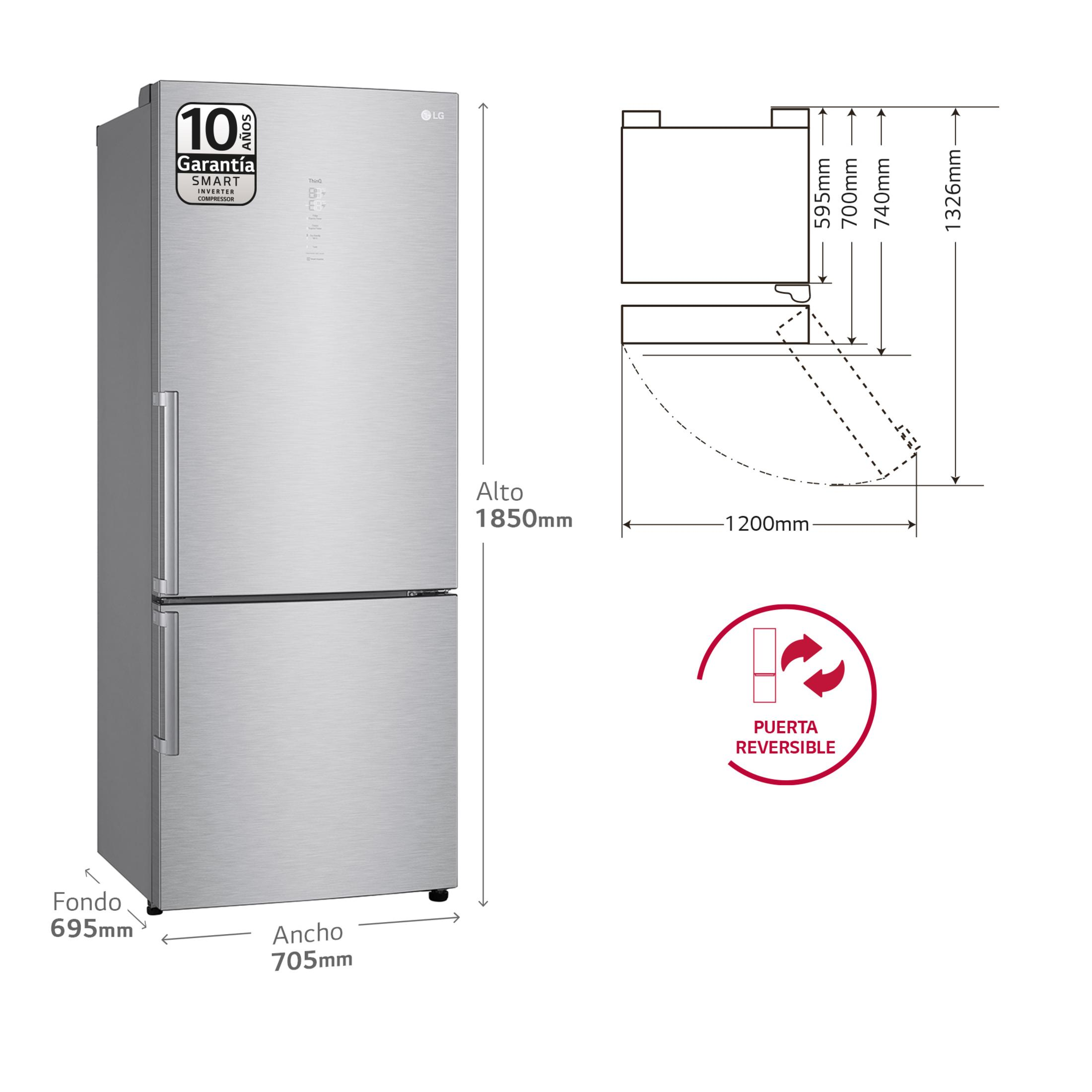 Frigorifero LG argento con dimensioni: 1850 mm A, 705 mm L, 695 mm P. Include diagrammi.