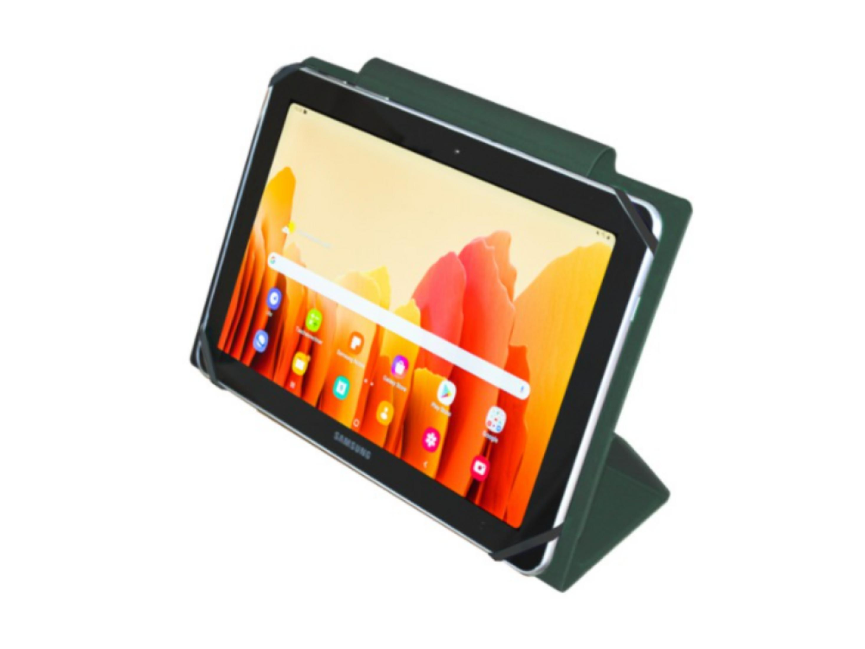 Una funda verde oscuro sostiene una tableta Samsung que muestra iconos de aplicaciones coloridos sobre fondo amarillo claro.