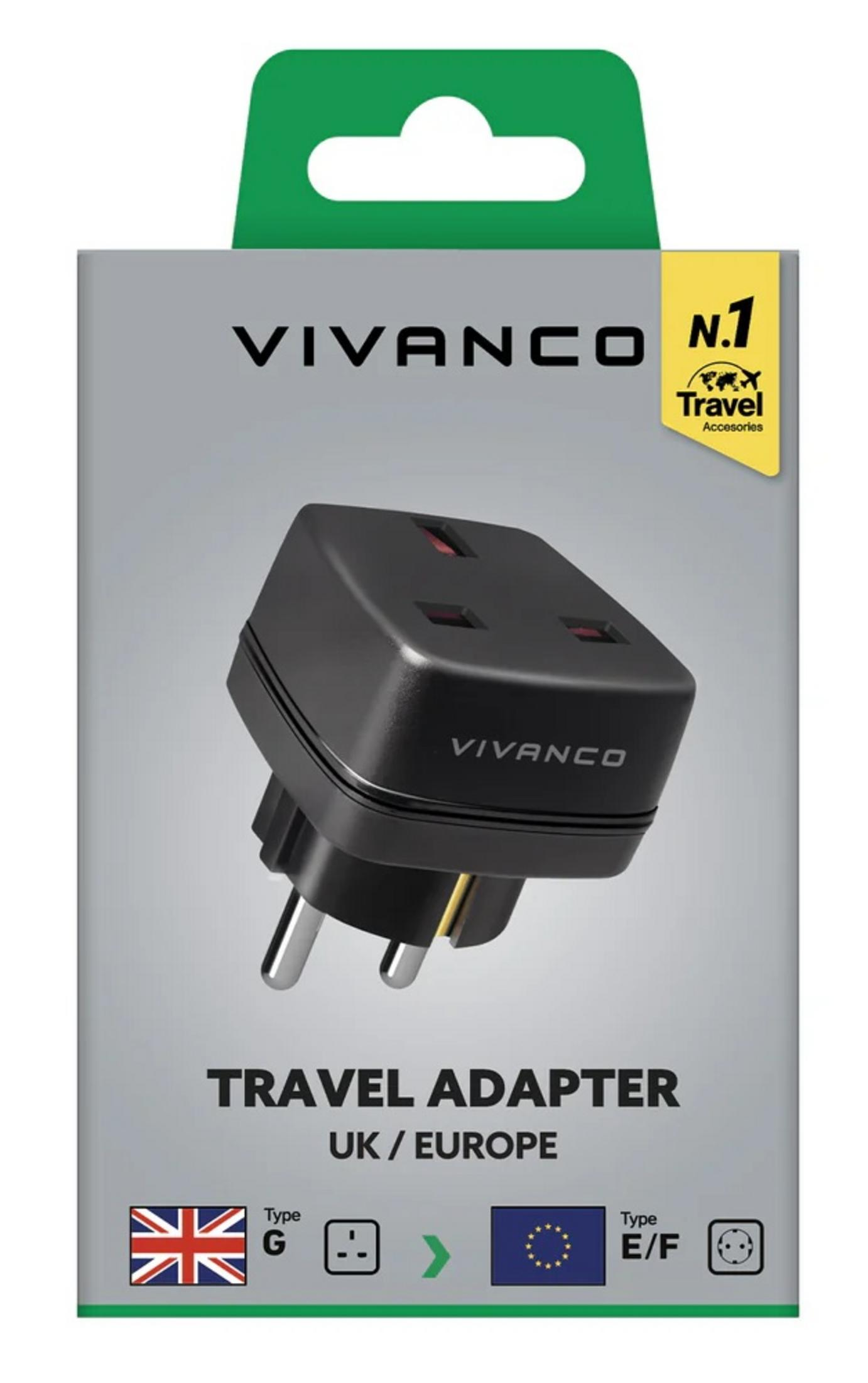 Adattatore da viaggio Vivanco nero per UK/Europa con tipi di spina G ed E/F.