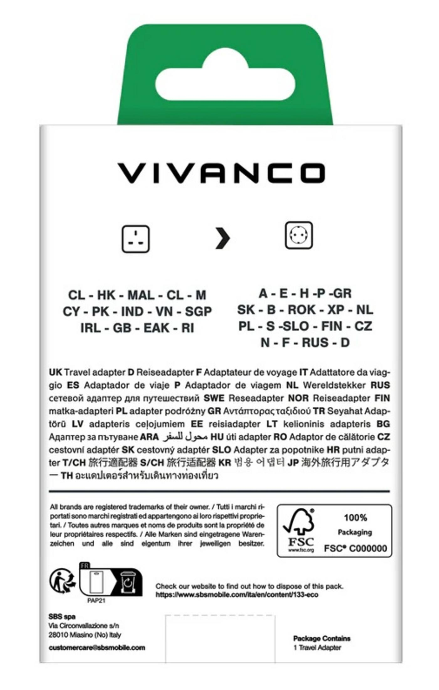 Confezione adattatore da viaggio VIVANCO con codici paese e sigilli.