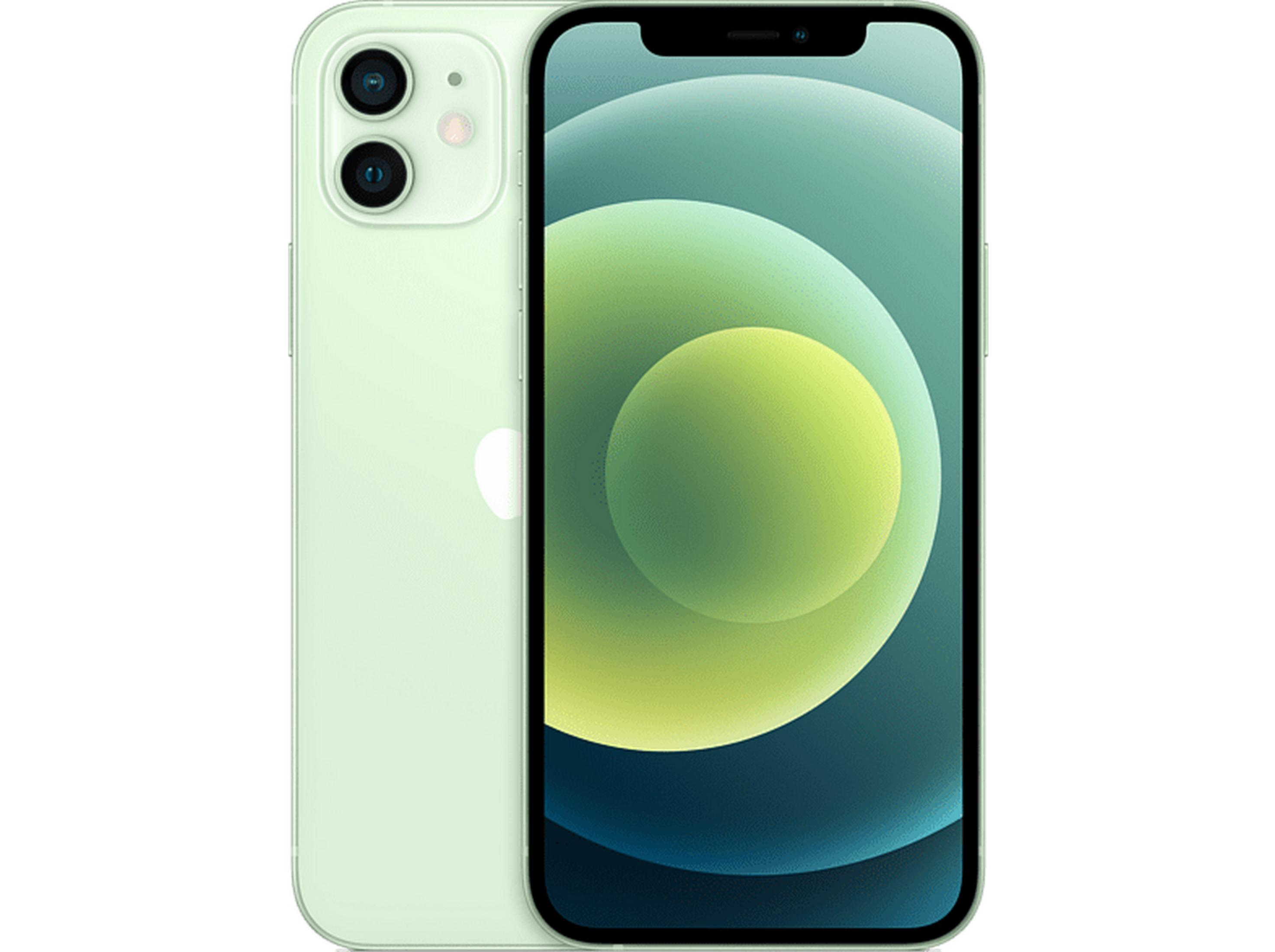 Un iPhone verde chiaro con due fotocamere posteriori e uno sfondo colorato.
