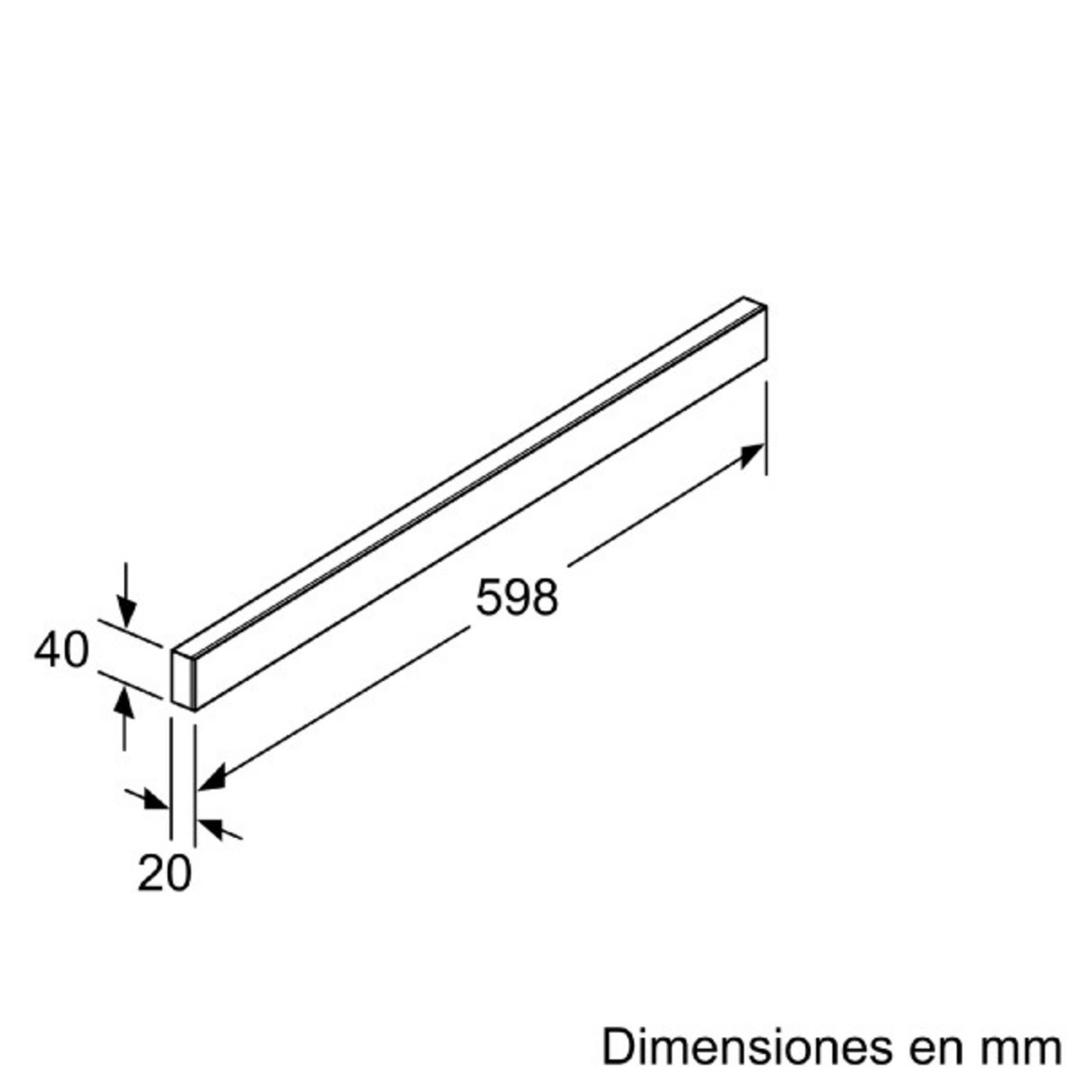 Una barra rectangular con dimensiones de 598x40x20 mm.
