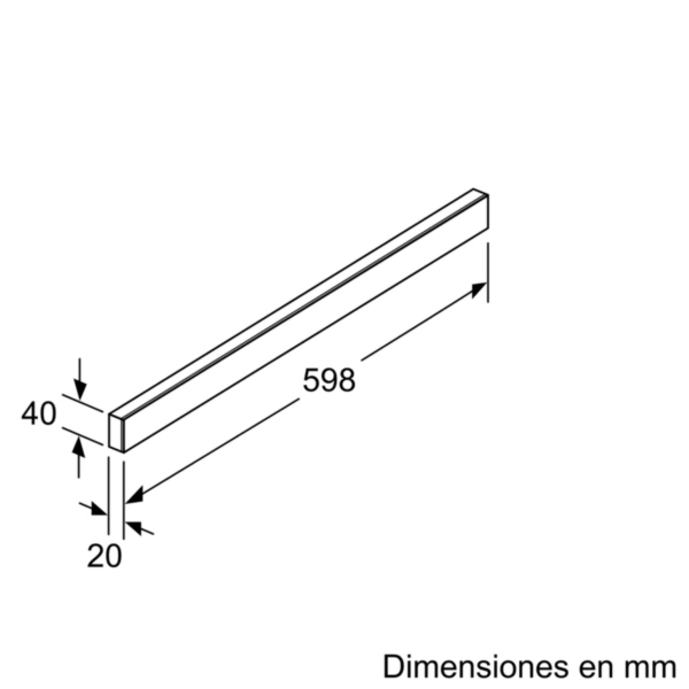 Dibujo técnico de perfil rectangular, 598x40x20 mm, con dimensiones indicadas.