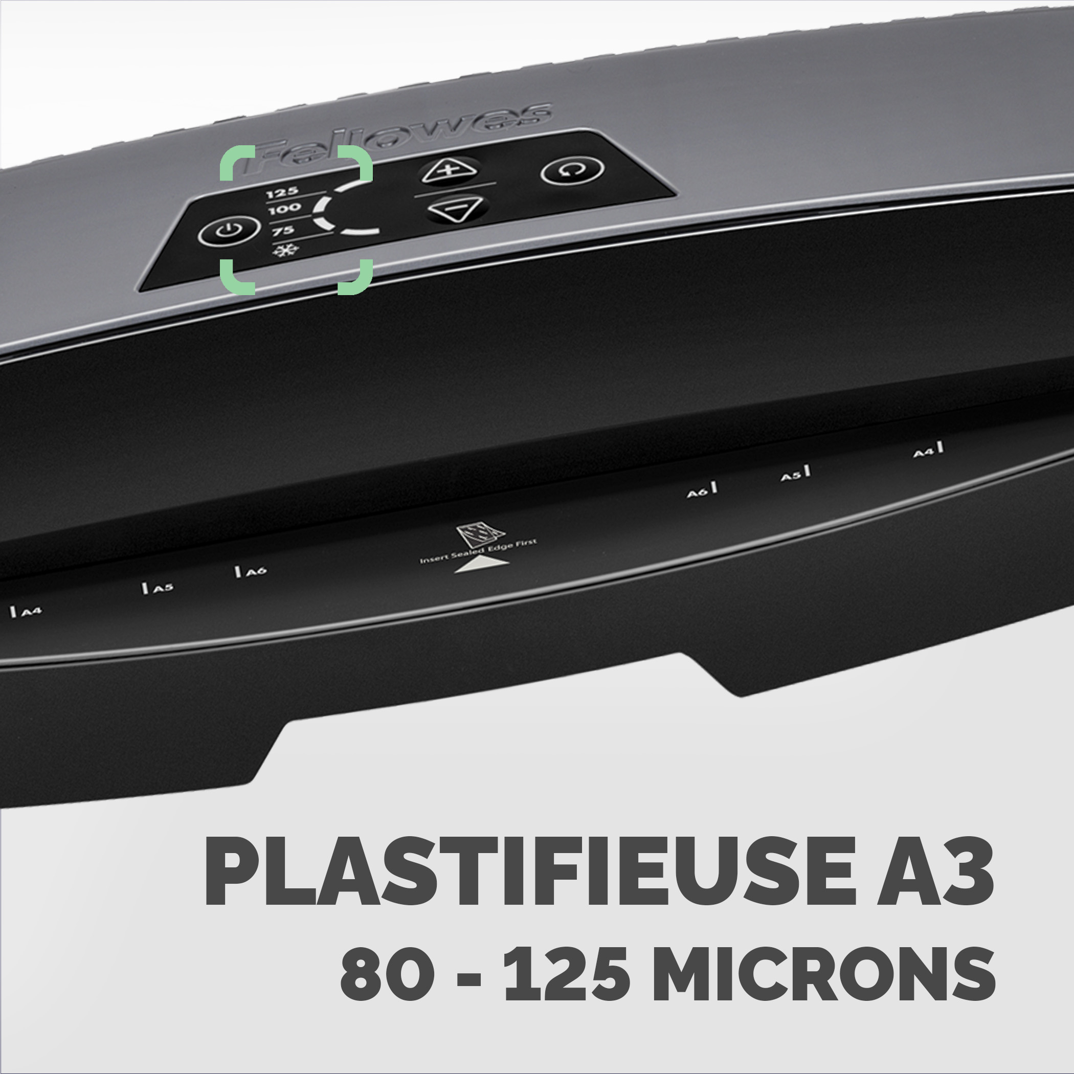 Laminator A3 Fellowes do folii 80-125 mikronów. Pokazuje ustawienia 75, 100, 125.