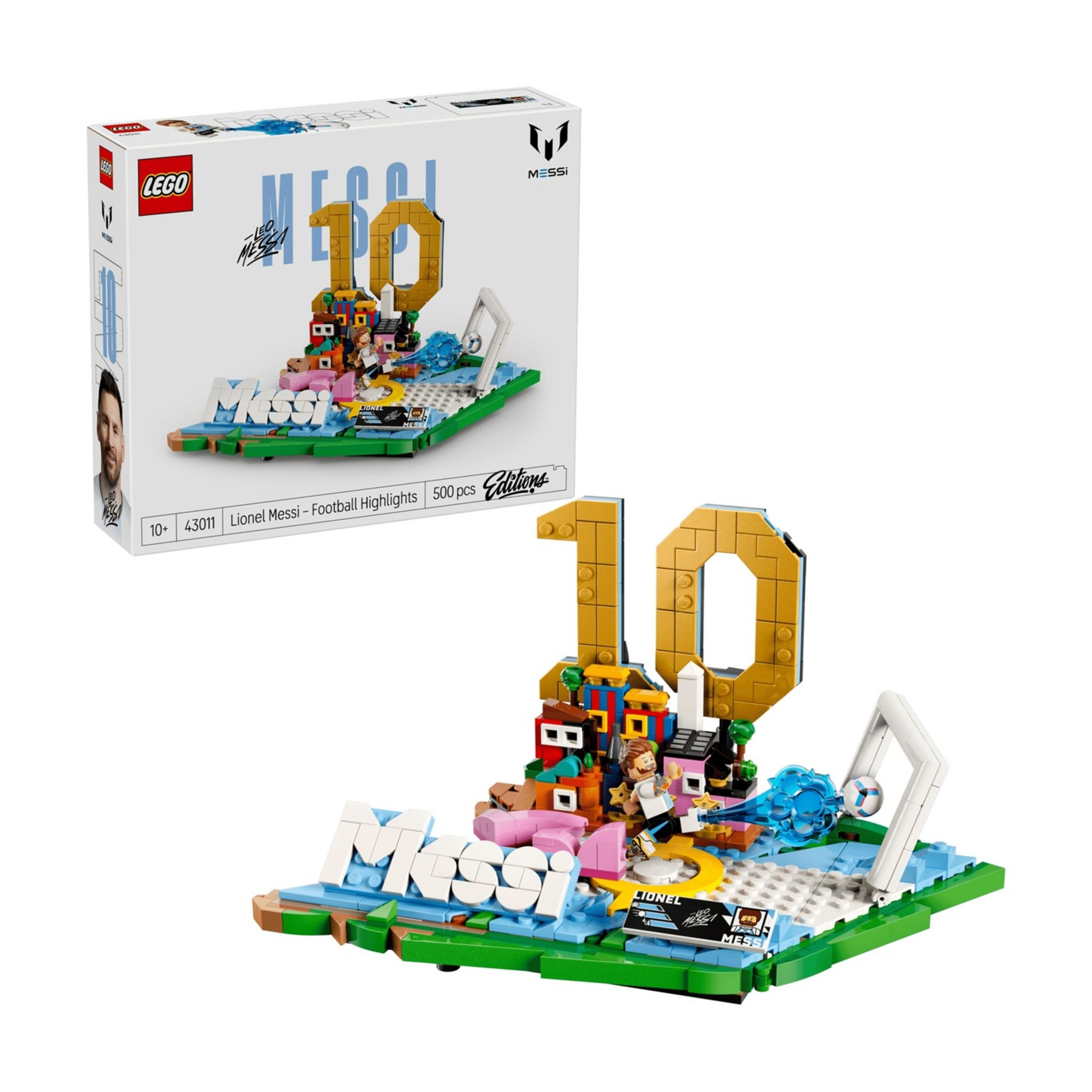 Set LEGO con Lionel Messi, porta, pallone e scritta "Messi".