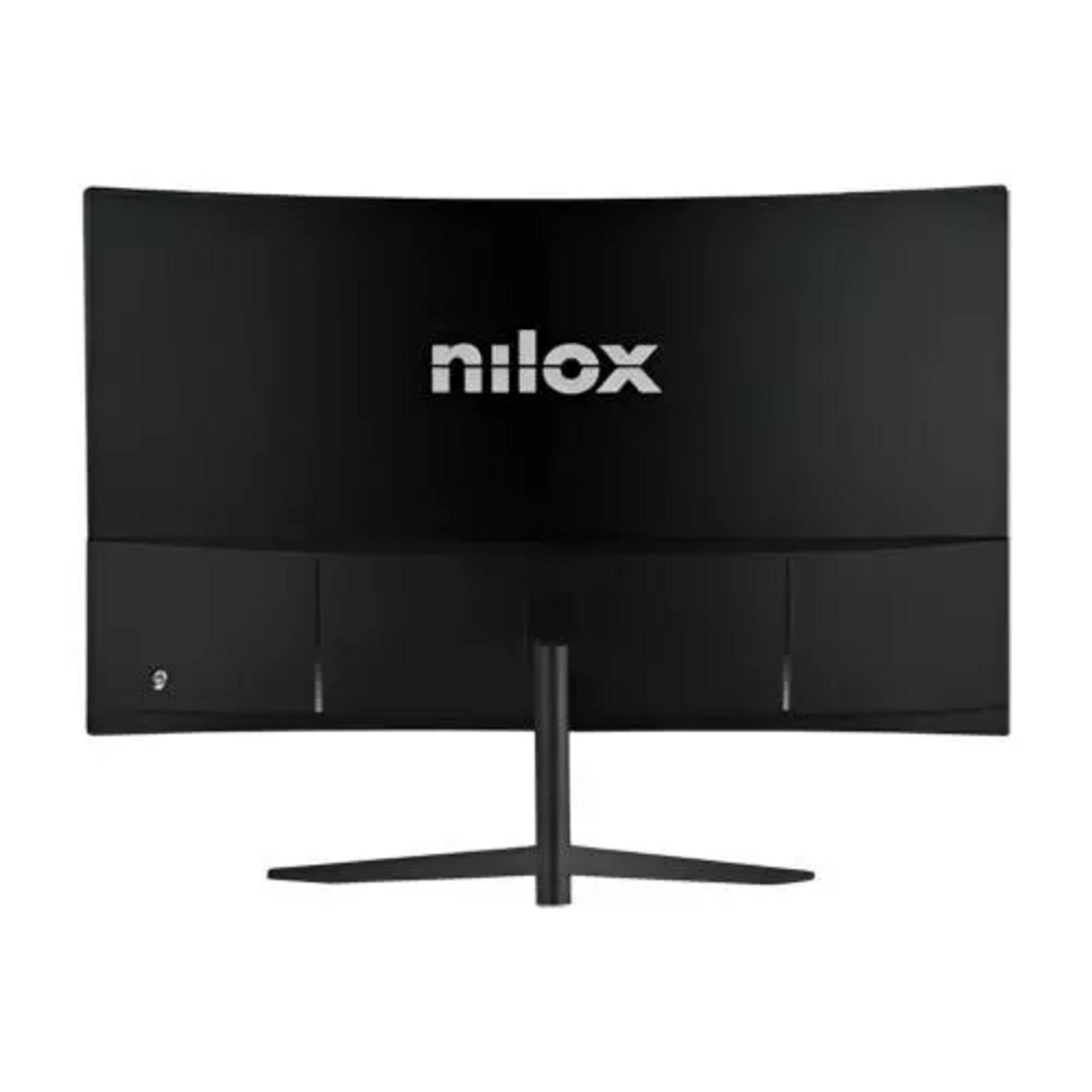 Monitor curvo negro con logo y soporte.