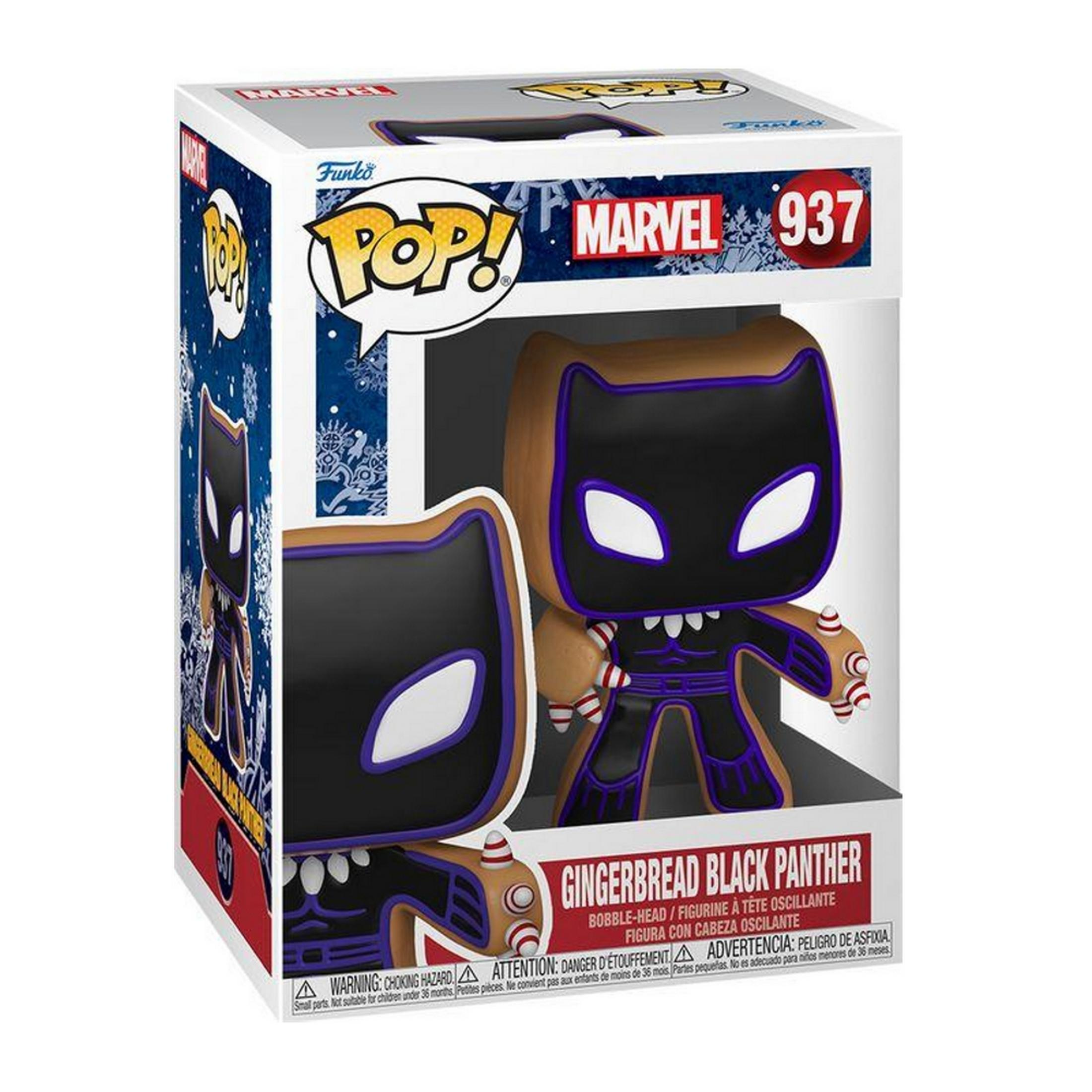 Statua Funko Pop! "Pantera Nera di Pan di Zenzero" in scatola, collezione Marvel.