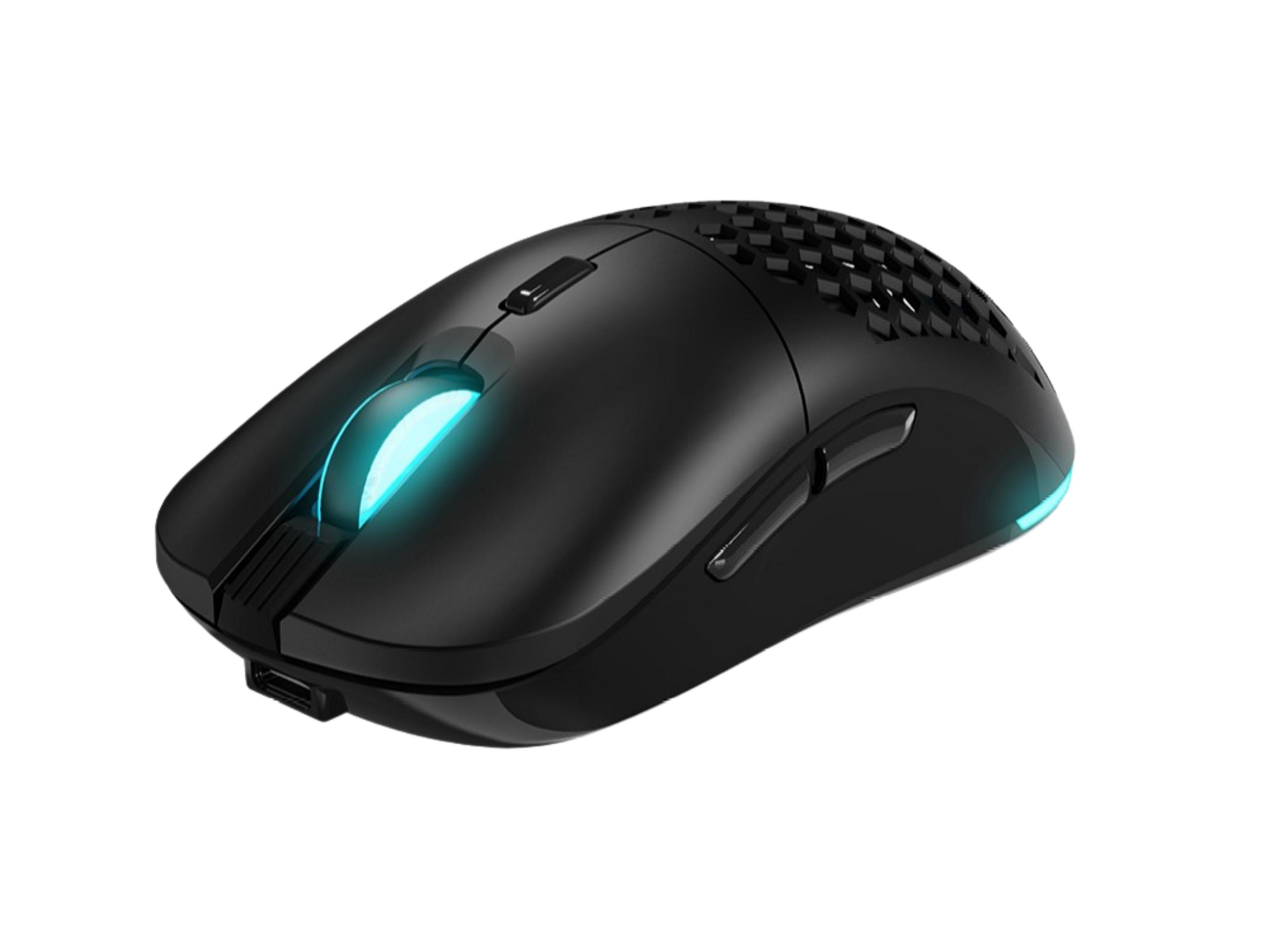 Mouse gaming nero con illuminazione blu e motivo a nido d'ape.
