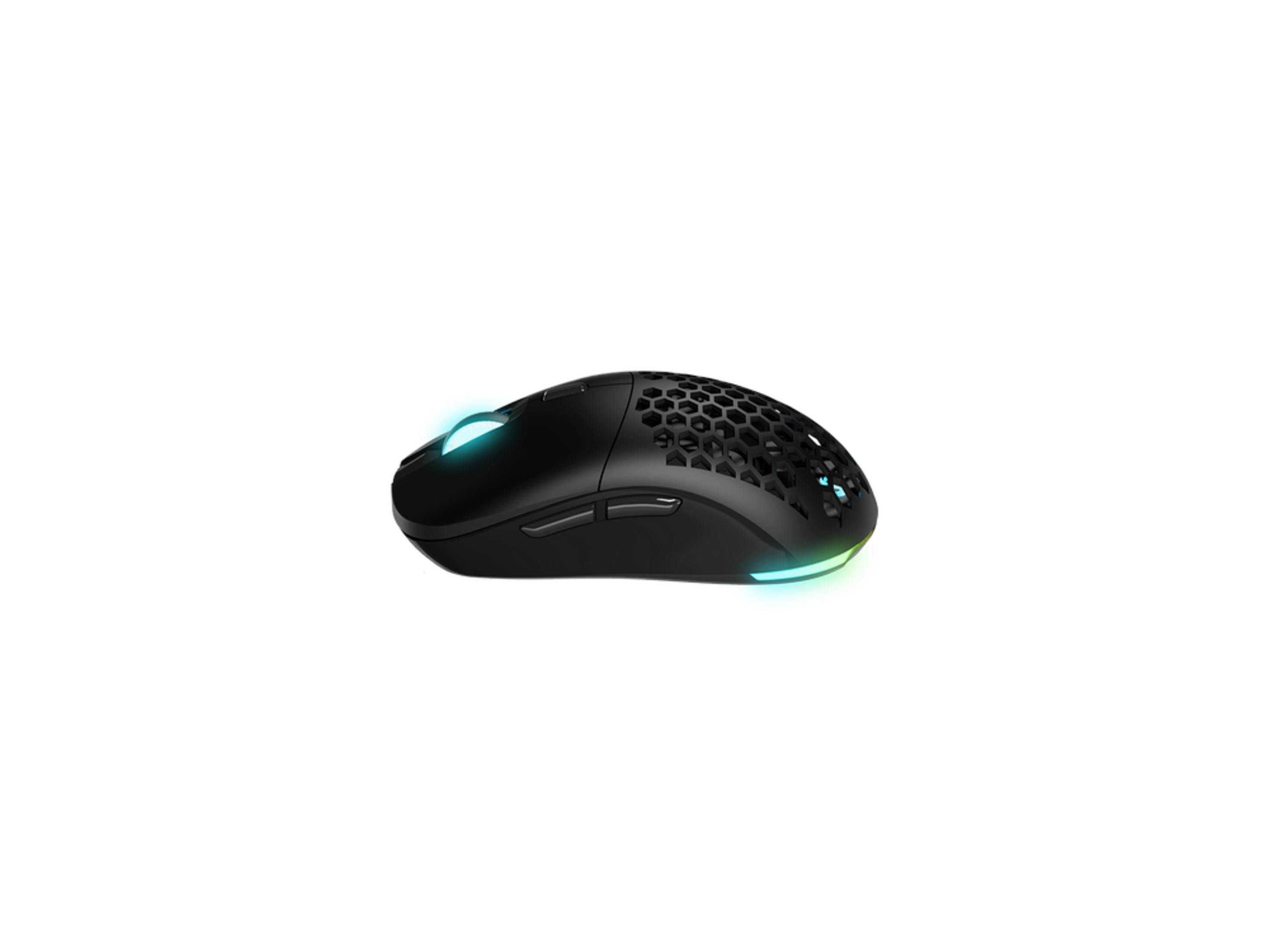 Mouse gaming nero con motivo a nido d'ape, luce RGB su rotella e base.