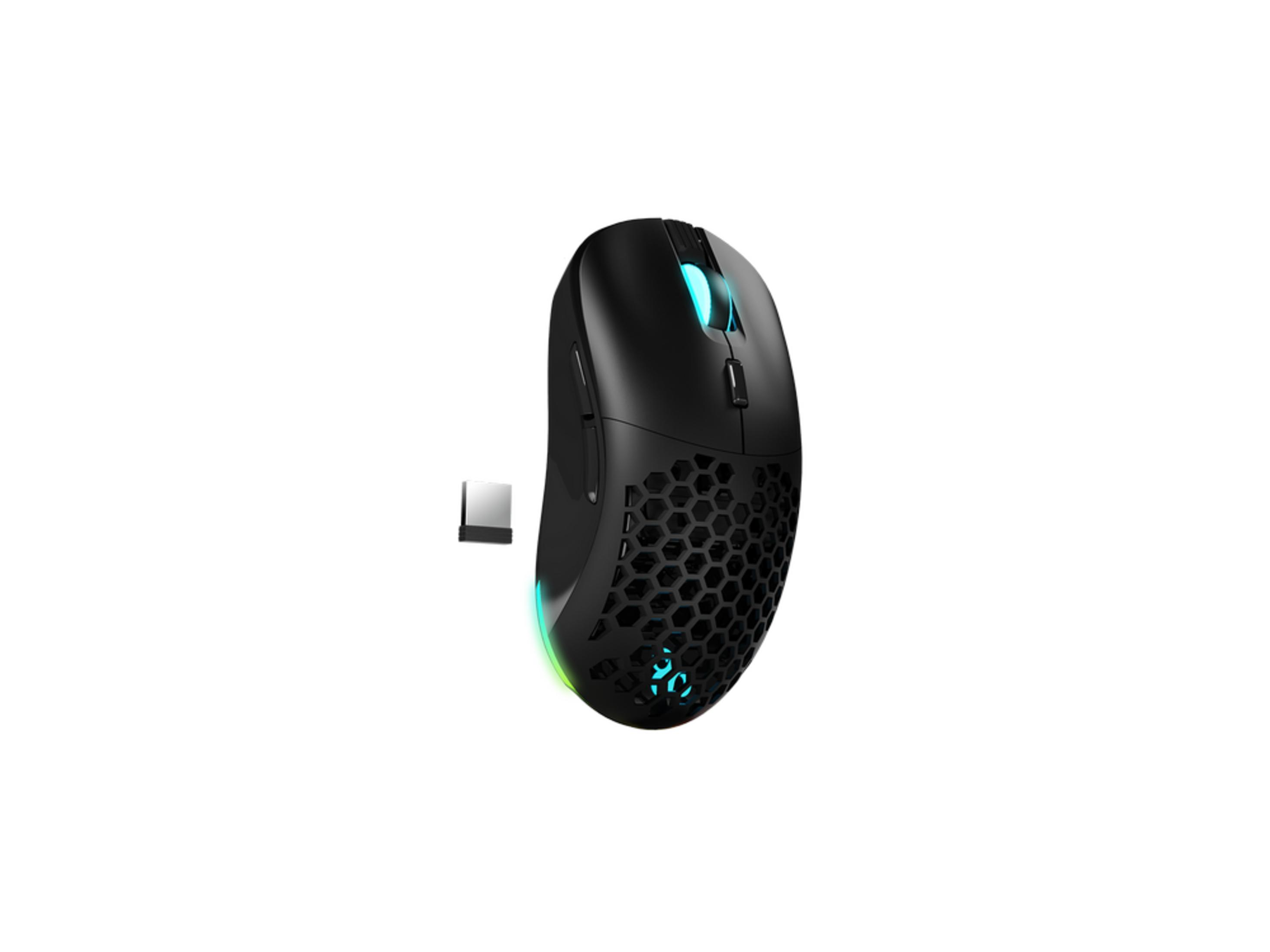 Mouse nero con motivo a nido d'ape e luci blu accanto a un dongle USB.
