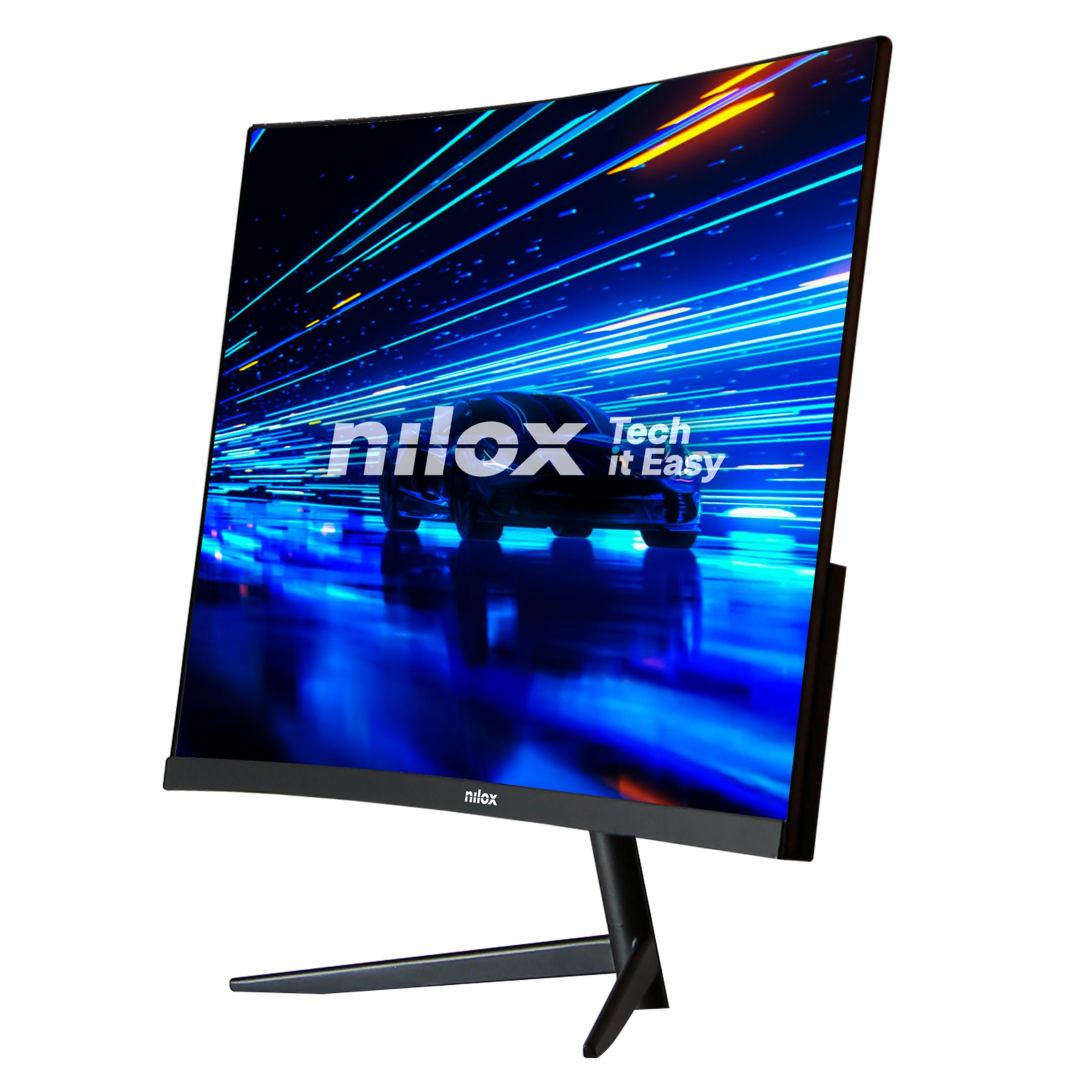 Un monitor curvo con un fondo de pantalla temático de coches y el logo de Nilox.
