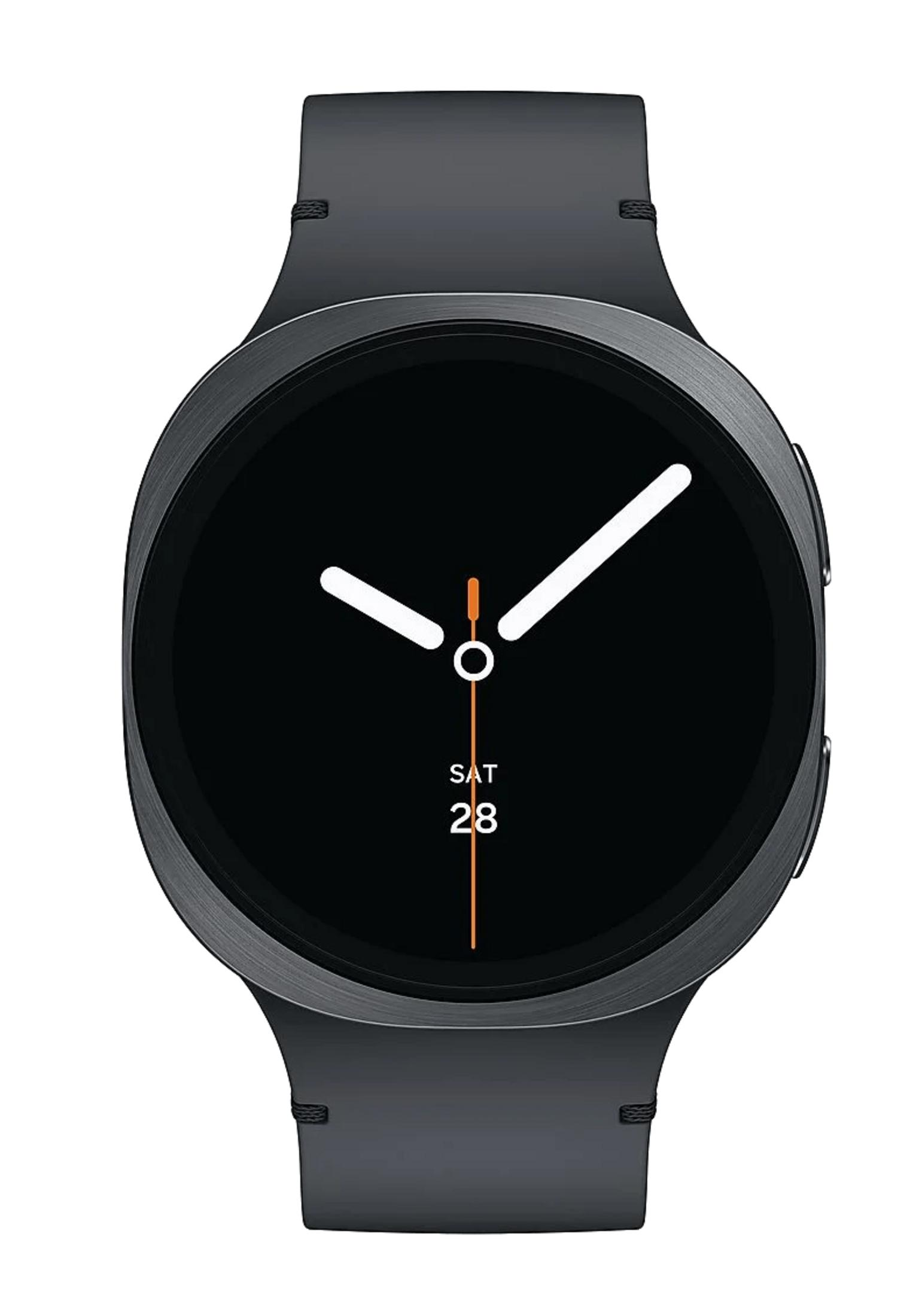Une montre connectée noire avec cadran noir et aiguilles blanches.