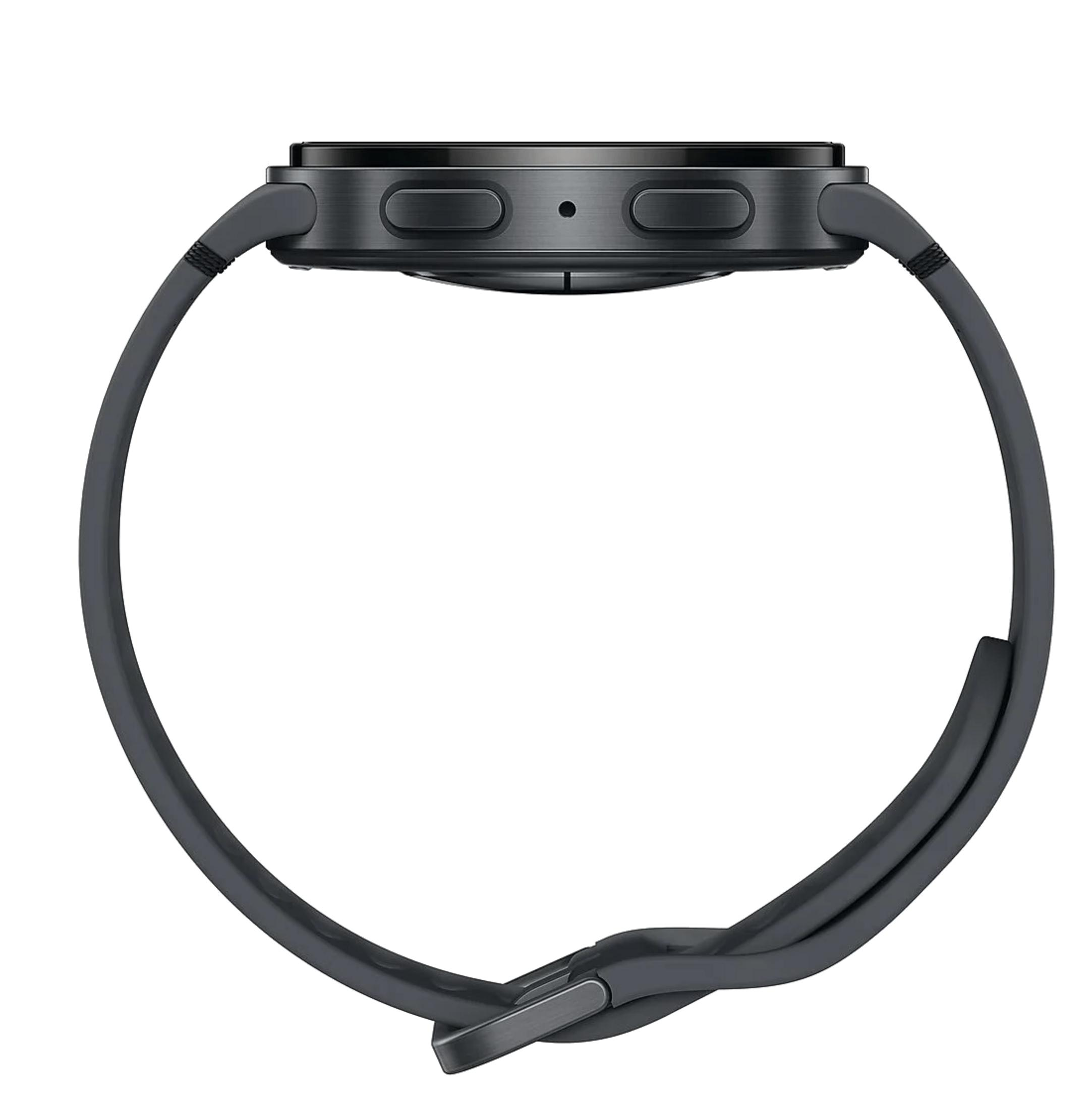 Un boîtier de montre connectée sombre avec deux boutons et un bracelet.