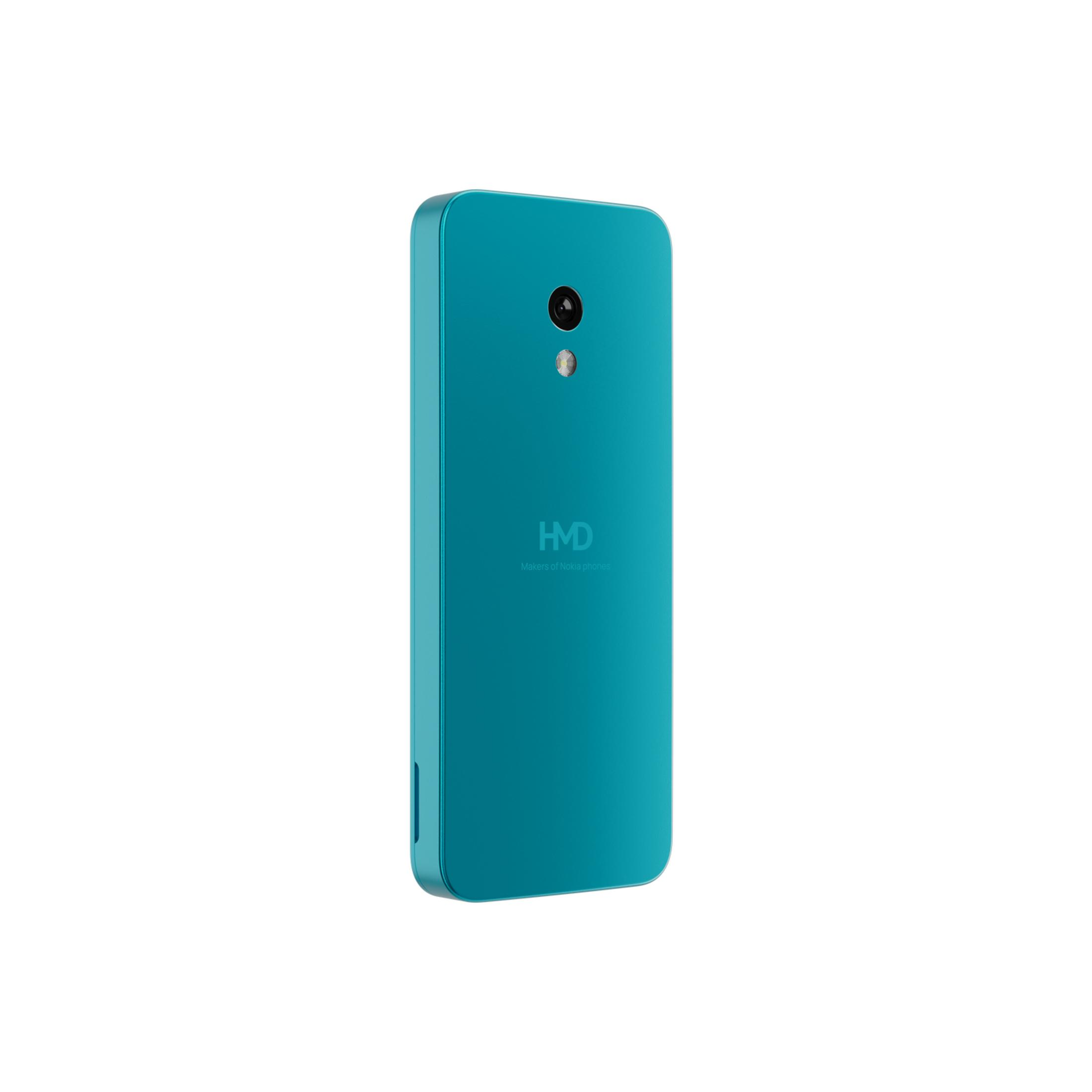 Uno smartphone turchese con fotocamera posteriore e flash. Logo HMD visibile.