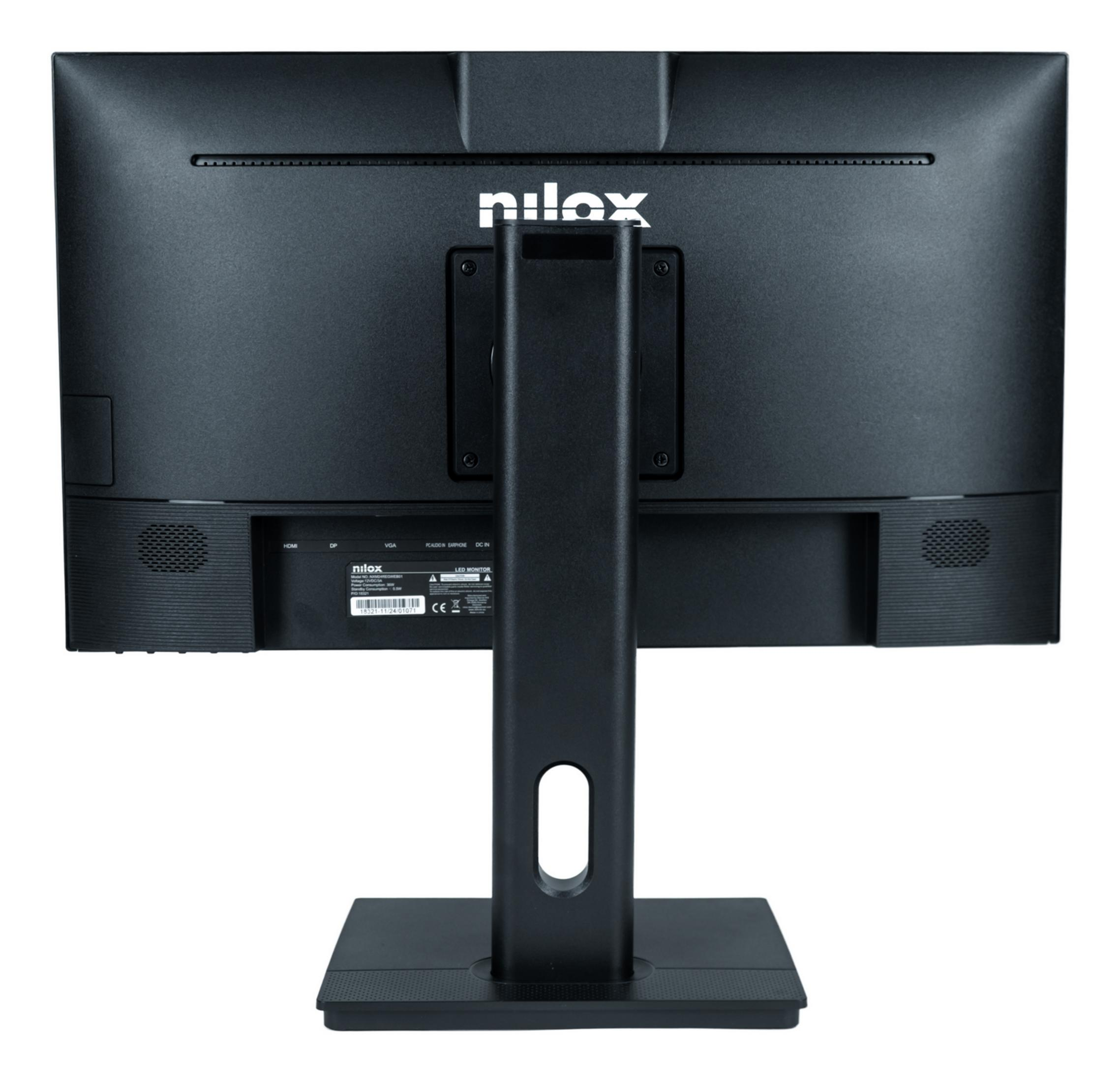 Parte trasera de un monitor negro con logo Nilox y puertos.