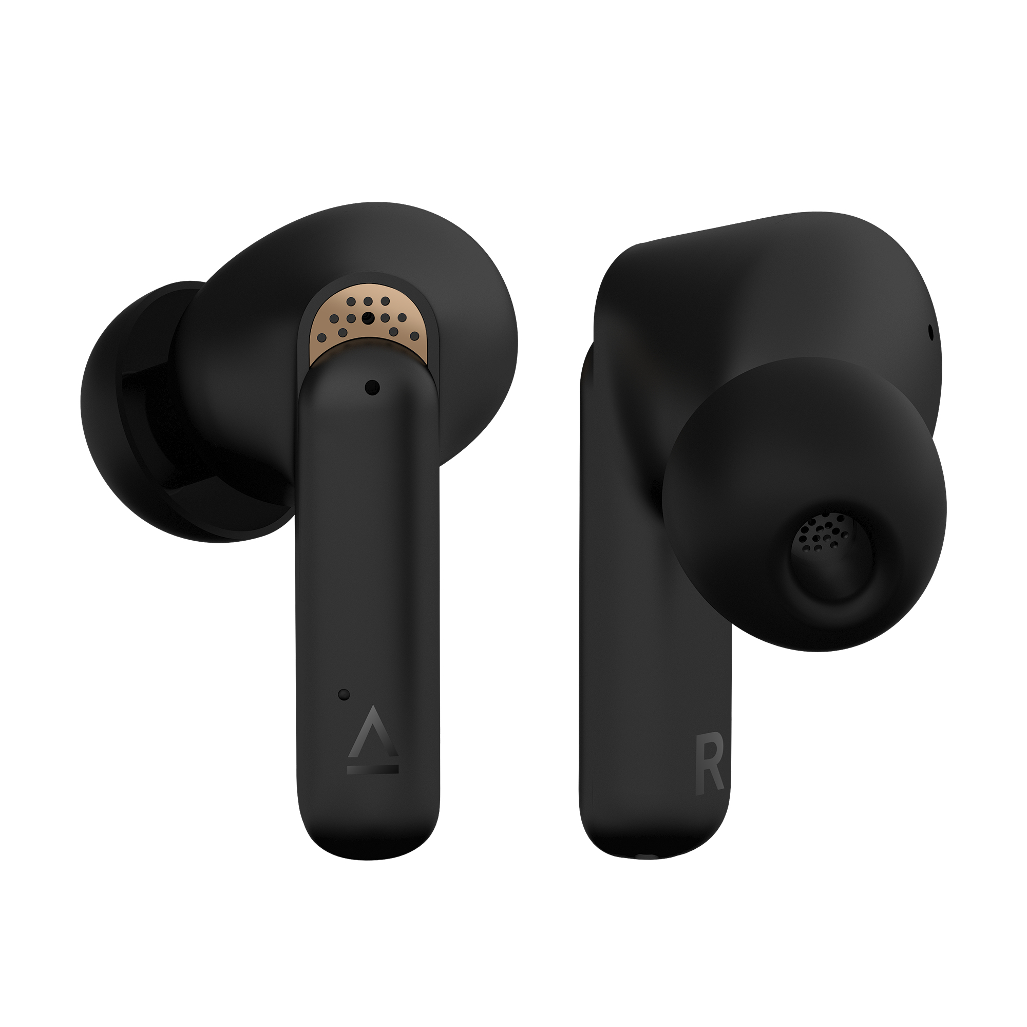 Due auricolari wireless neri con accenti dorati su sfondo bianco.