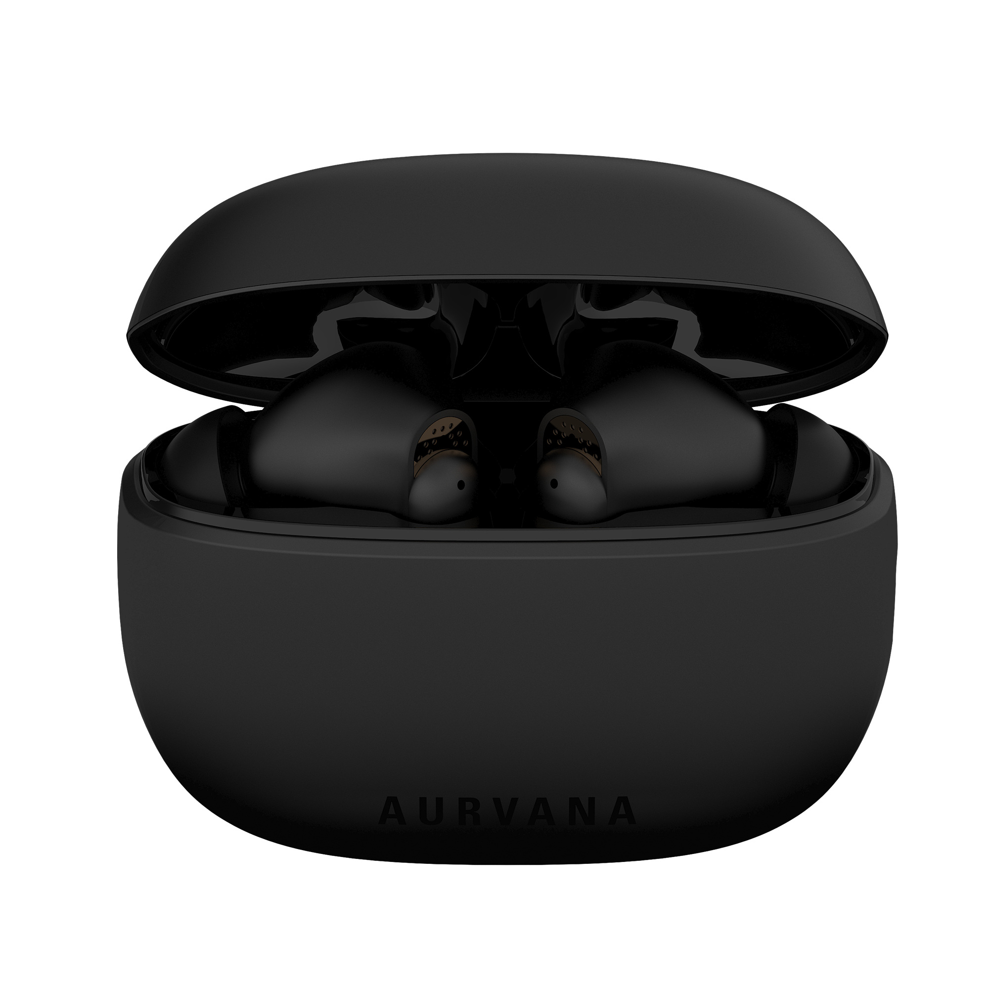 Auricolari wireless neri in una custodia di ricarica aperta.