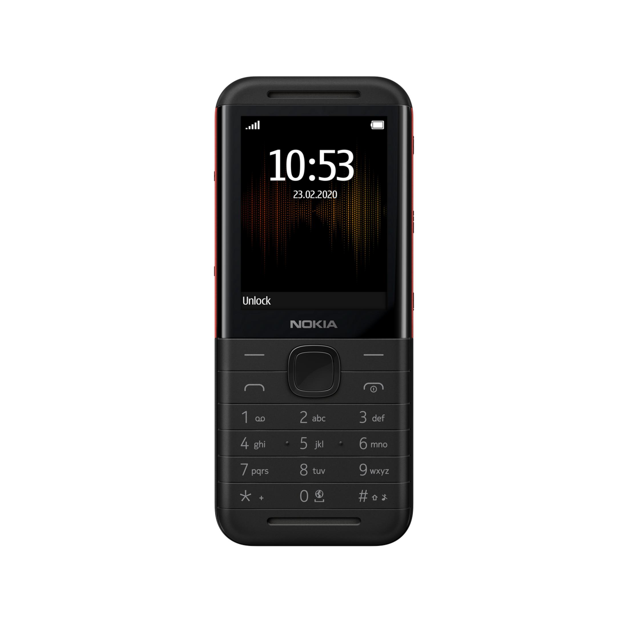 Un telefono Nokia nero con bordo rosso mostra le 10:53.