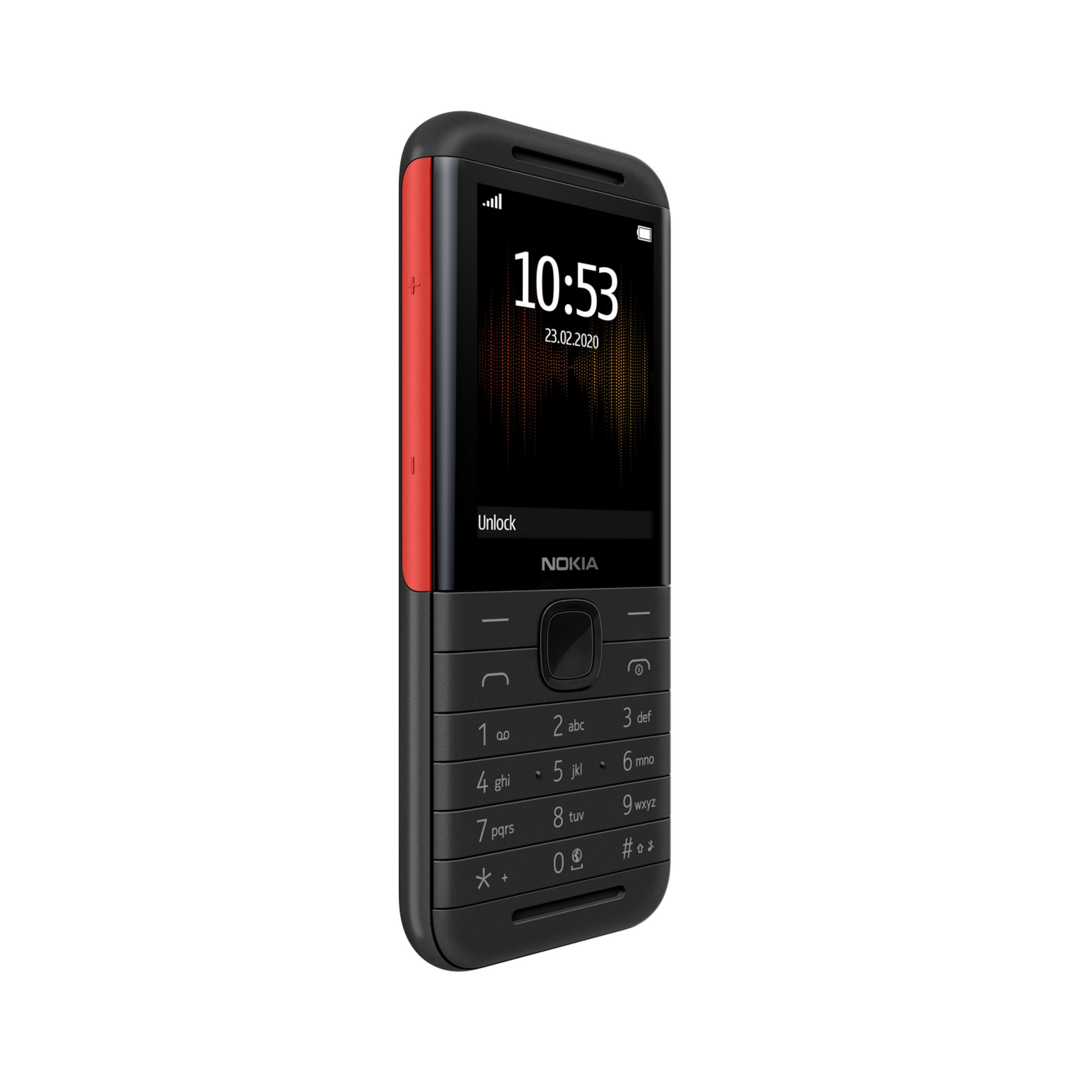 Telefono Nokia nero con bordo rosso, tastiera e schermo che mostra l'ora.
