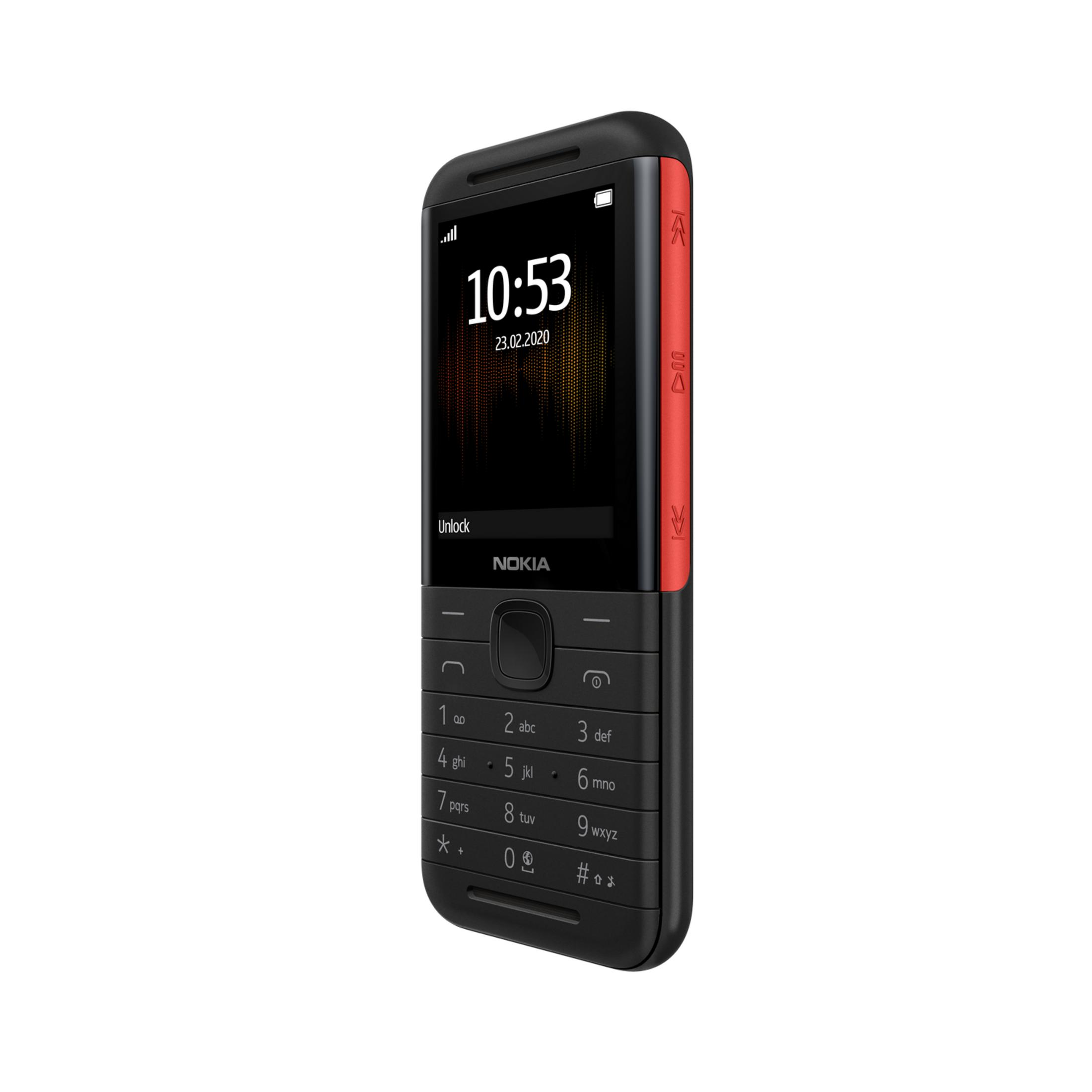 Telefono Nokia nero con accenti rossi e tastiera.