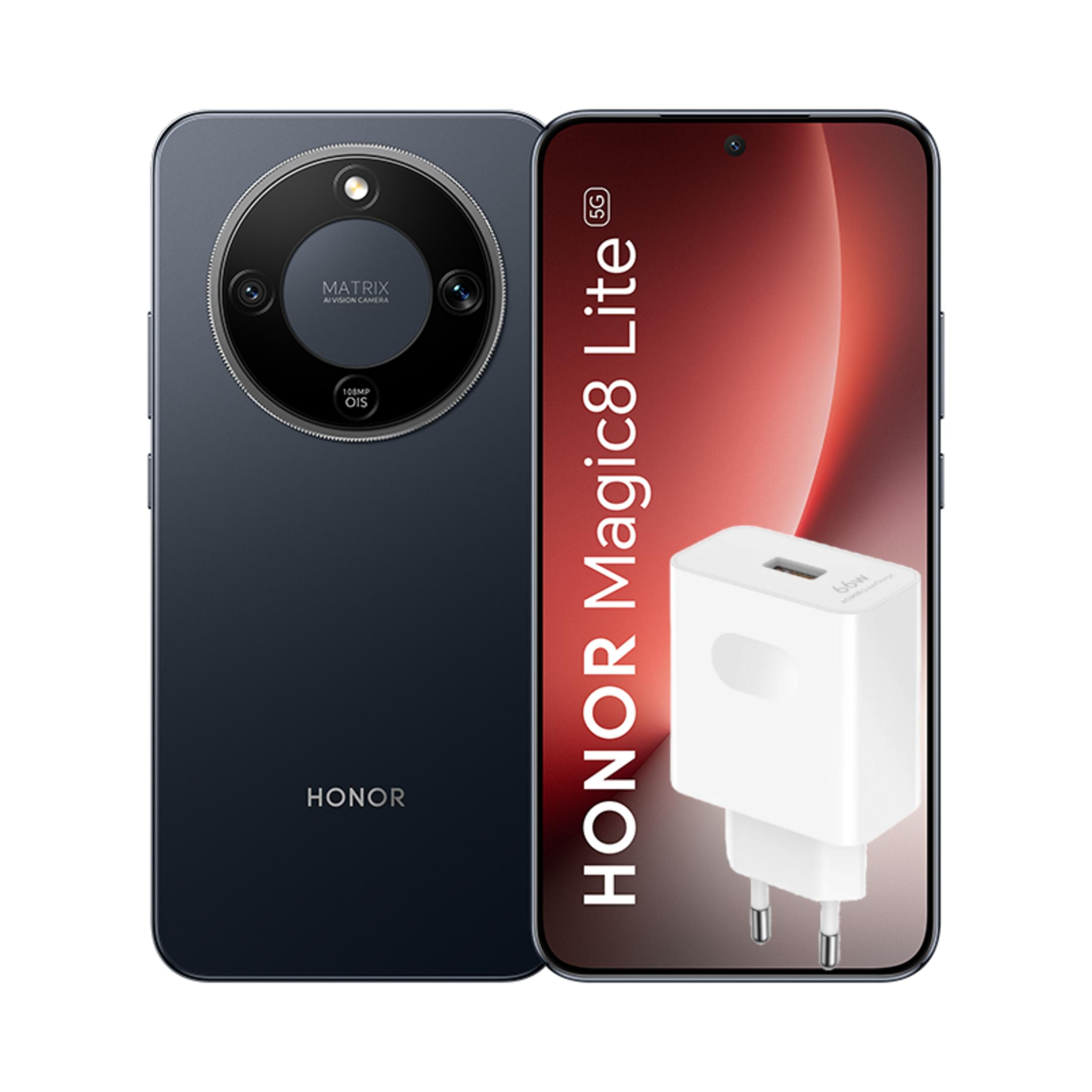 Smartphone Honor Magic8 Lite con fotocamera da 108MP e caricabatterie da 66W su sfondo bianco.