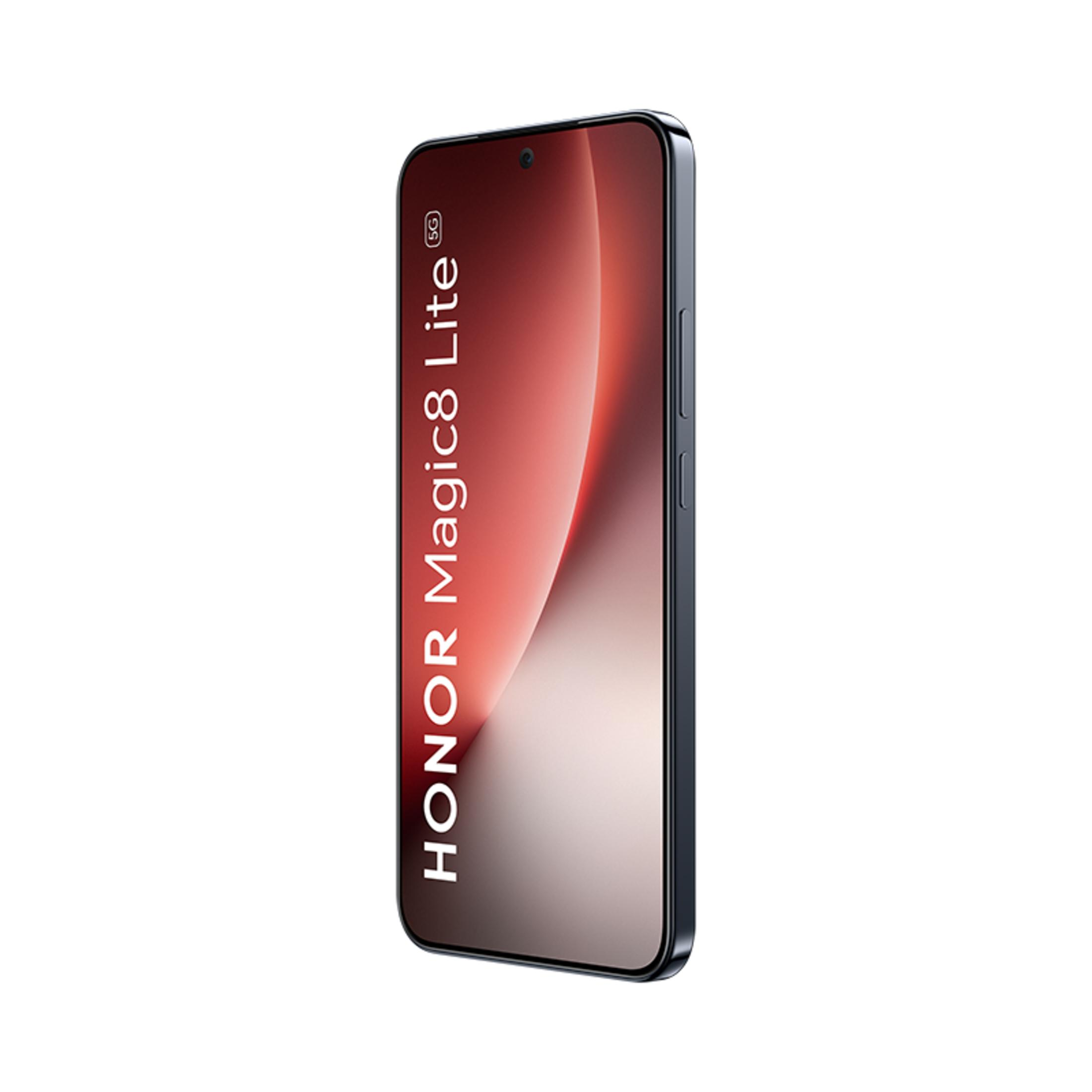 Uno smartphone Honor Magic8 Lite scuro con un accento rosso sul suo schermo.