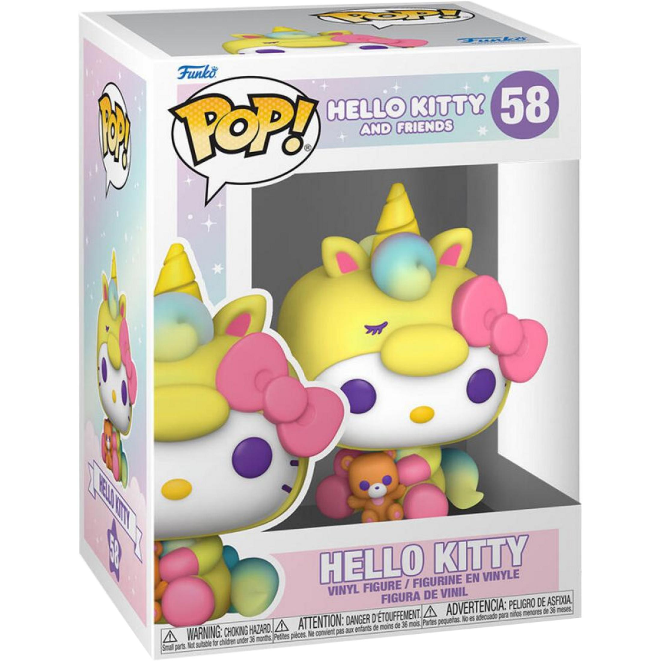 Action figure in vinile Funko Pop Hello Kitty come unicorno con orsacchiotto. Giallo, rosa, blu.
