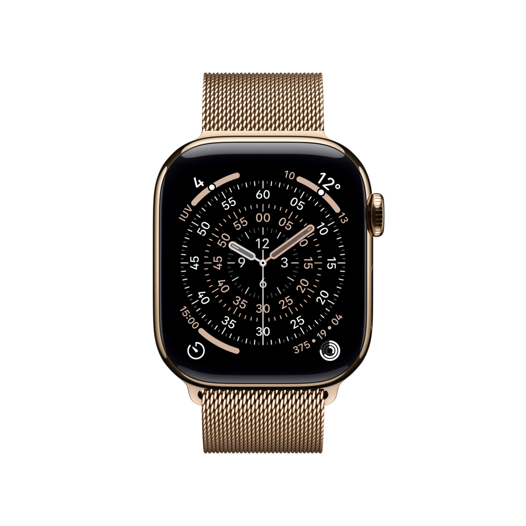 Smartwatch dorato con cinturino milanese e quadrante nero che mostra ora e data.