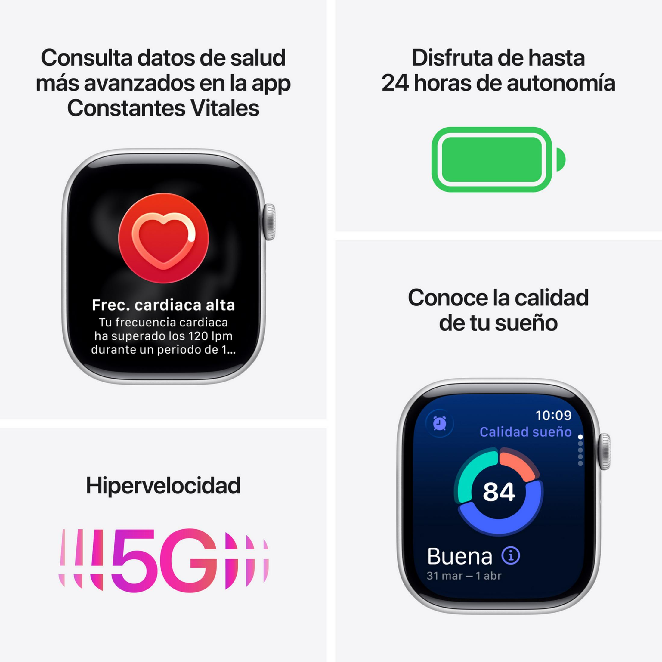 Apple Watch mostra frequenza cardiaca, batteria, 5G e qualità del sonno.