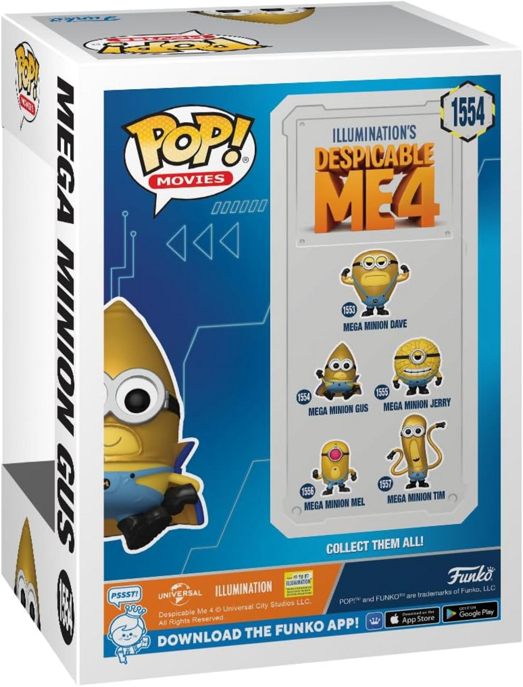 Scatola di Mega Minion Gus con personaggi di Cattivissimo Me 4: Dave, Gus, Jerry, Mel, Tim.