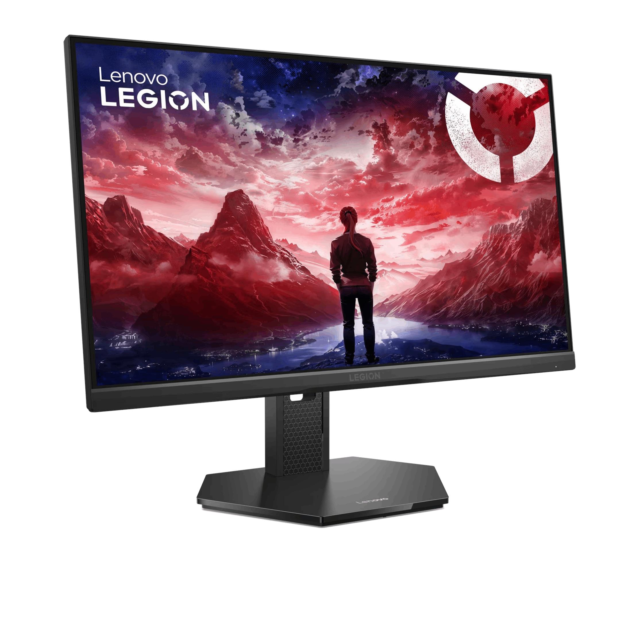 Monitor Lenovo Legion z osobą patrzącą na górski krajobraz.