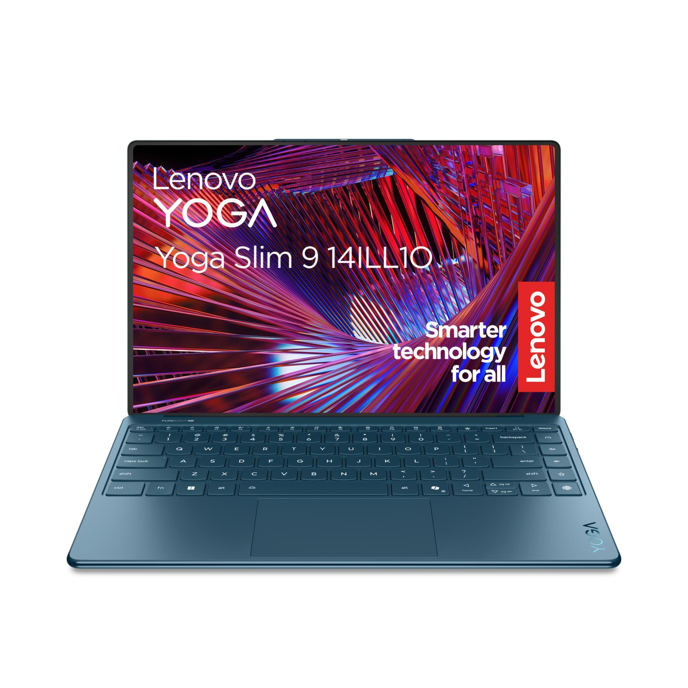 Ein blauer Lenovo Yoga Laptop mit einem abstrakten, bunten Hintergrund. Tastatur sichtbar.