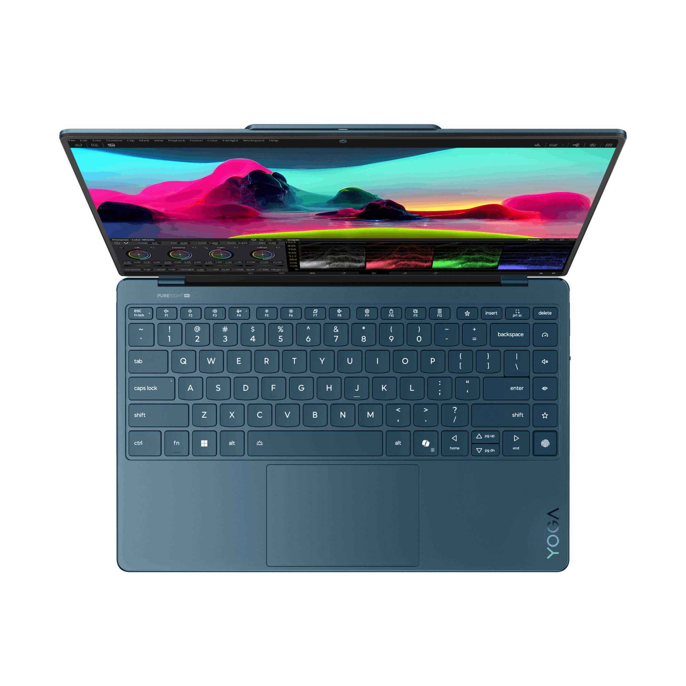 Ein blauer Laptop mit einer Tastatur und einem Bildschirm, der farbige Wellen zeigt.