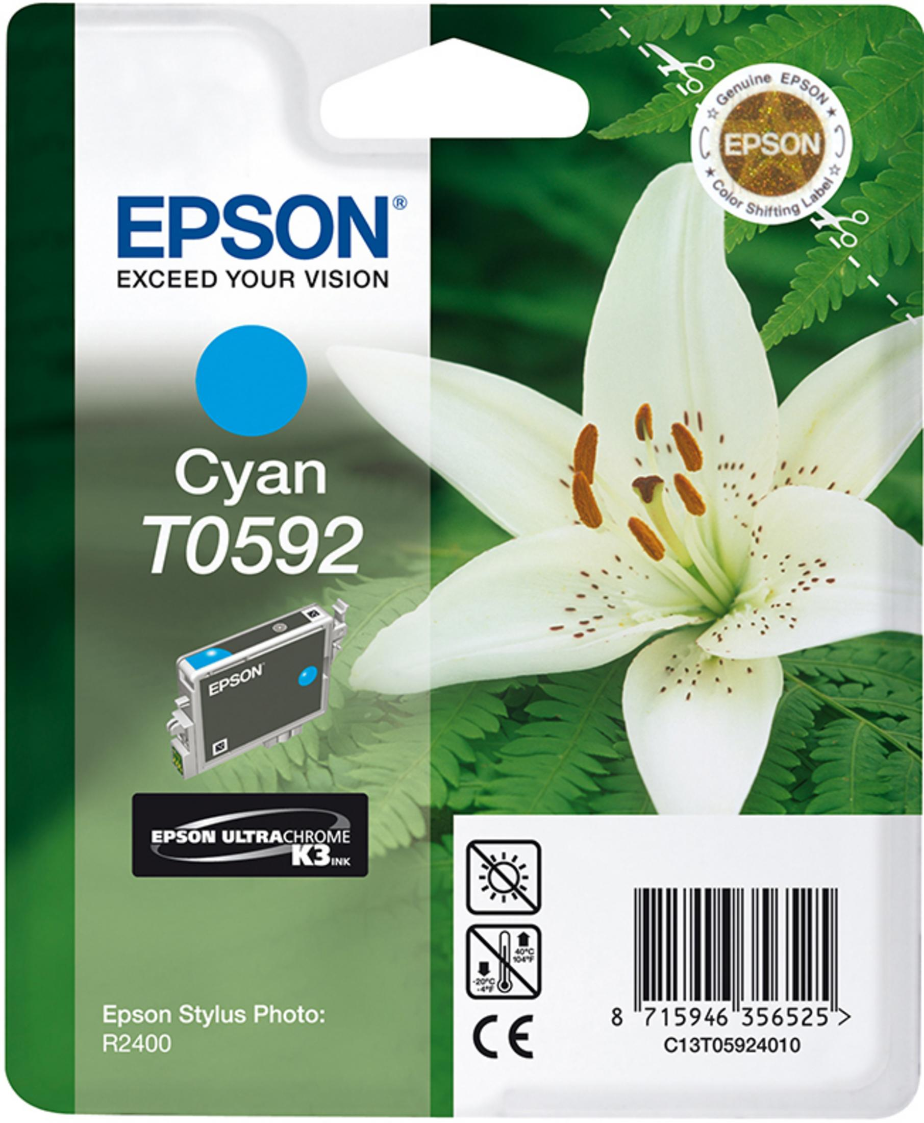 Empaque de cartucho de tinta Epson Cyan T0592 con lirio blanco y hojas verdes.