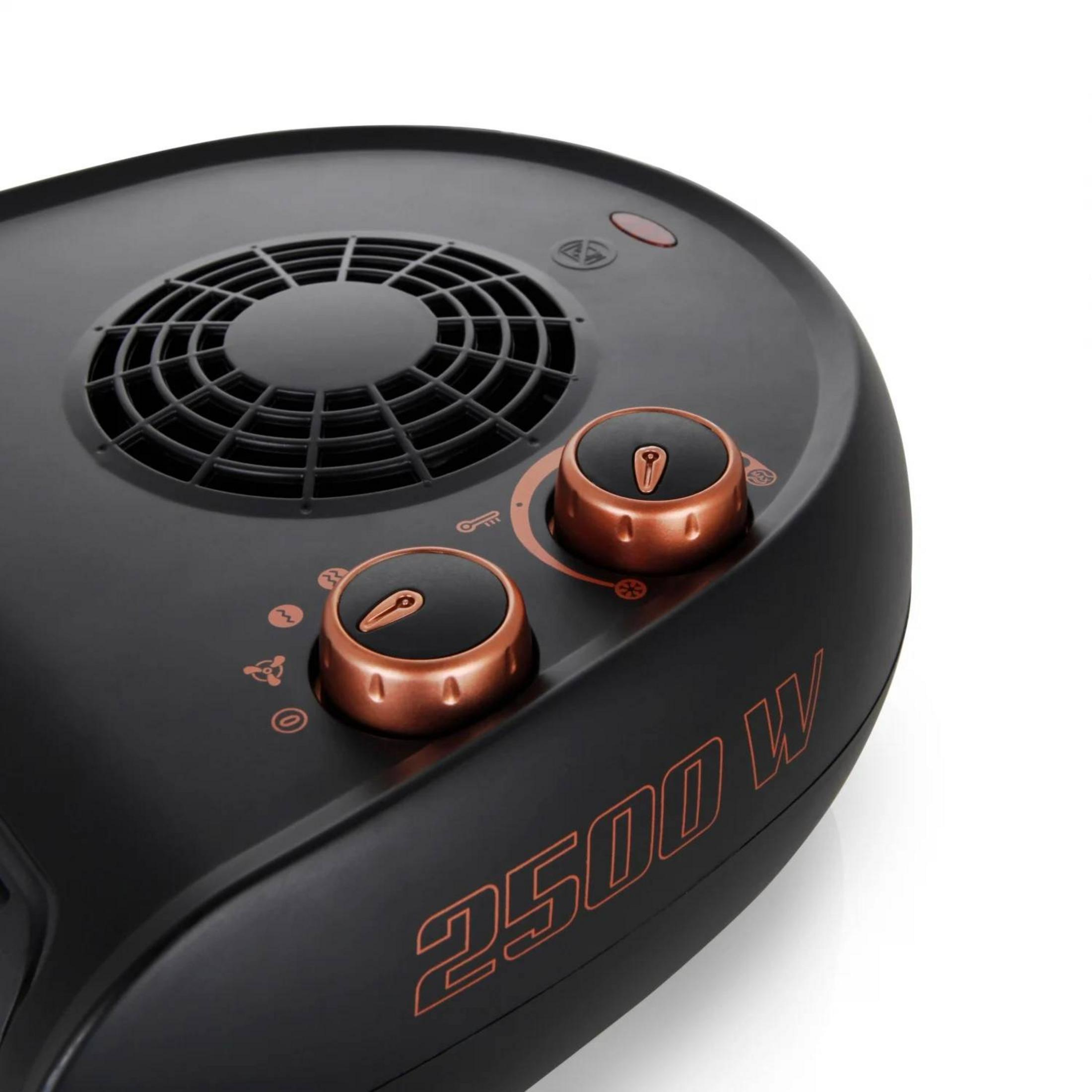 Calefactor de ventilador negro con perillas de cobre y rejilla. 2500W.
