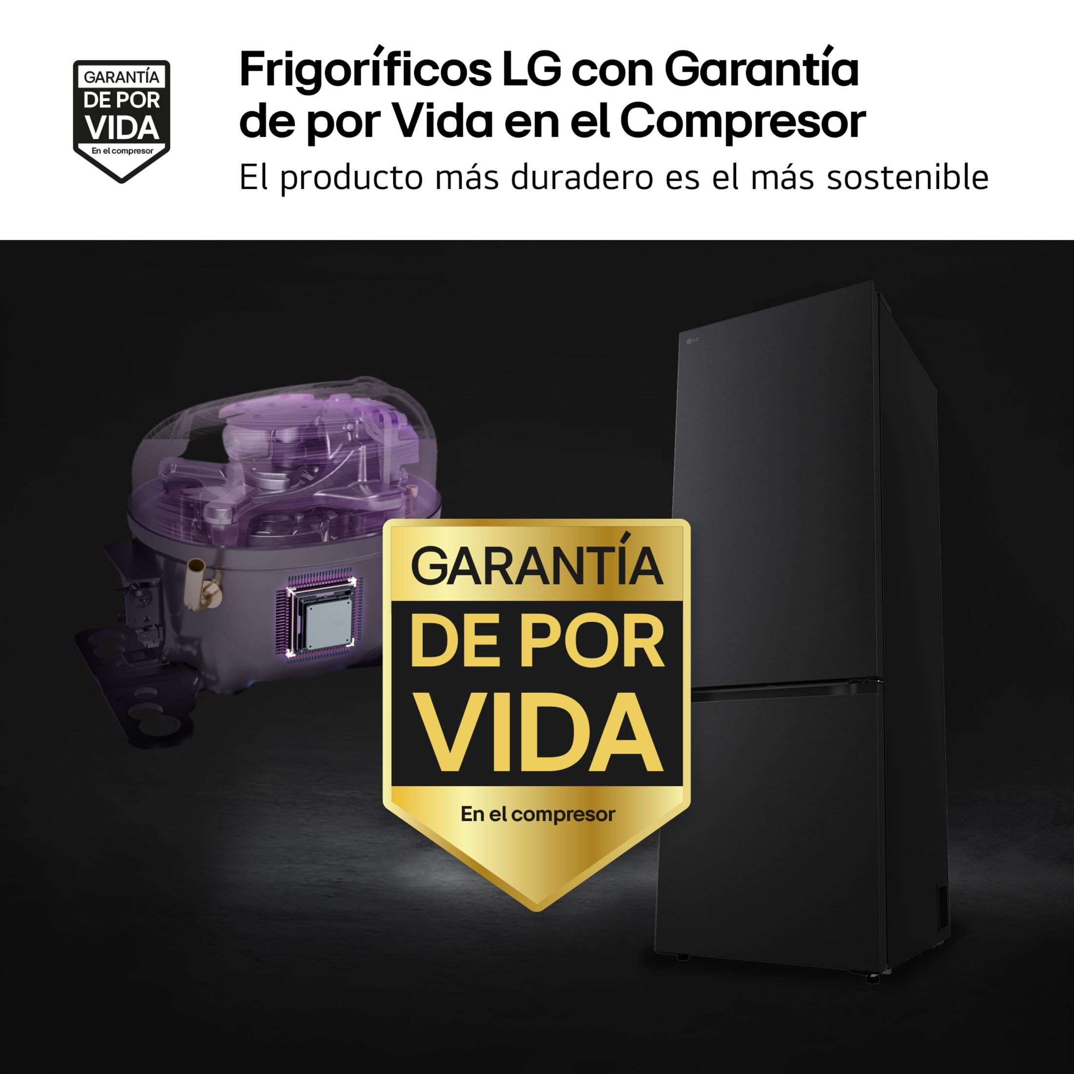 Un frigorifero LG nero con badge garanzia a vita e dettaglio compressore.