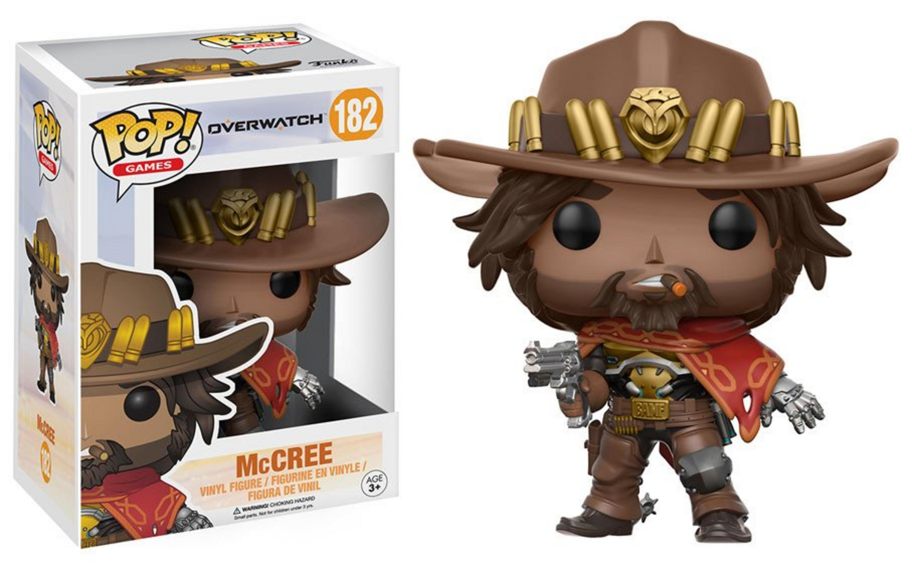 Eine Funko Pop! Vinylfigur von McCree aus Overwatch mit Hut, Patronen, Revolver und Bandolier.