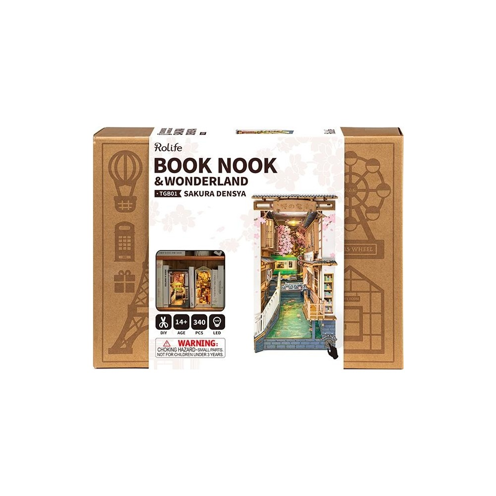 Rolife Kitap Nook & Wonderland kendin yap seti, kiraz çiçekleri ve su manzaralı.