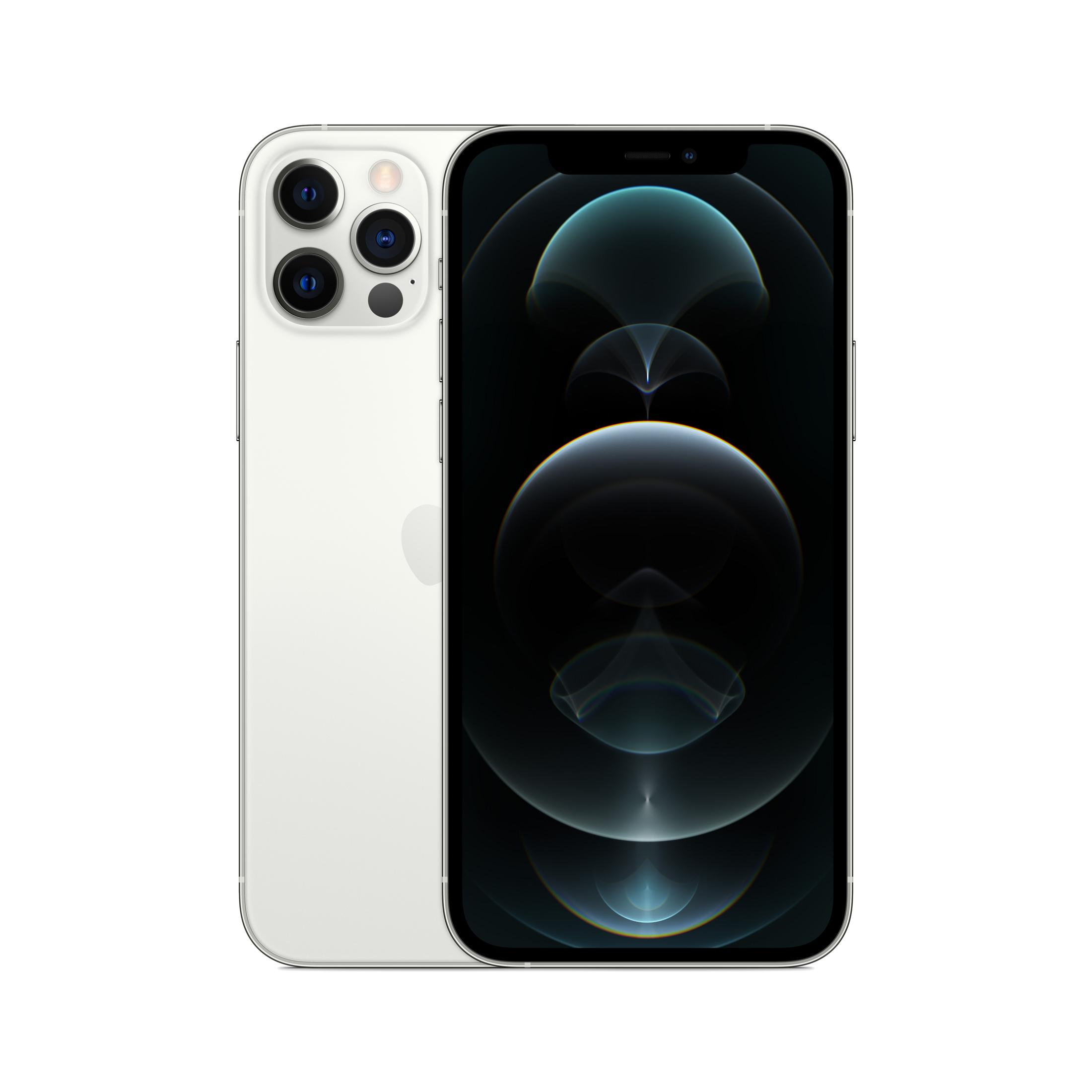 Un iPhone argento con tre fotocamere e schermo acceso.