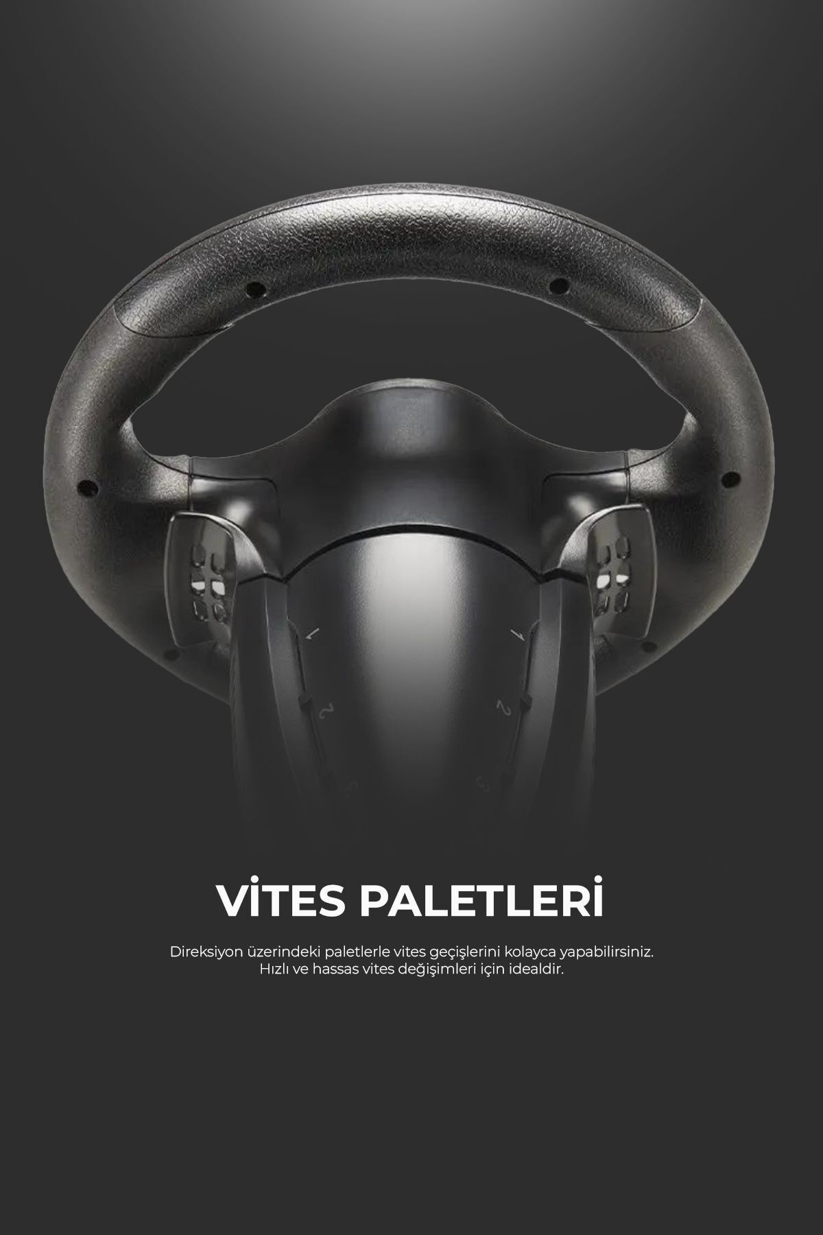 Un volante da corsa nero con paddle shifter e marce numerate.