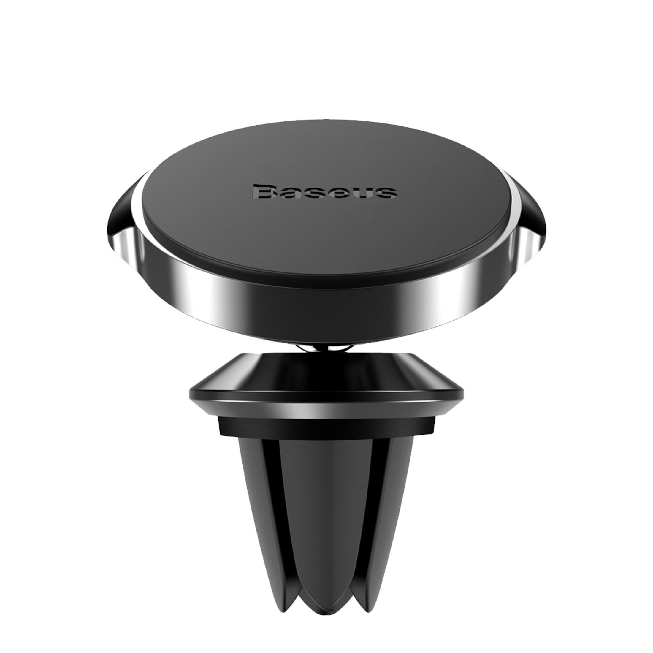 Supporto magnetico per auto nero con anello argentato e clip per bocchetta.