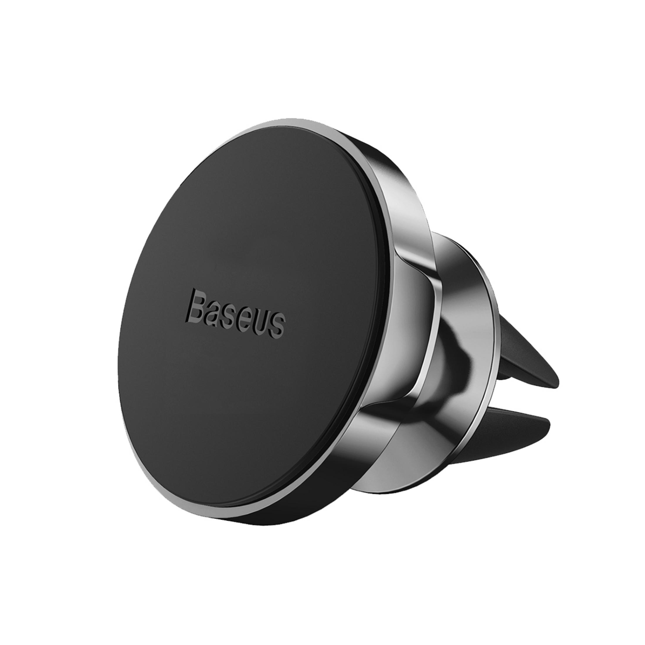 Un supporto magnetico per auto nero con finiture argentate.