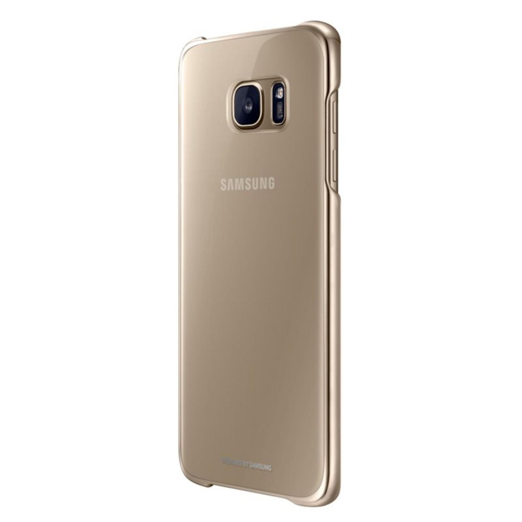 Smartphone Samsung dorato in custodia trasparente, con fotocamera e flash.
