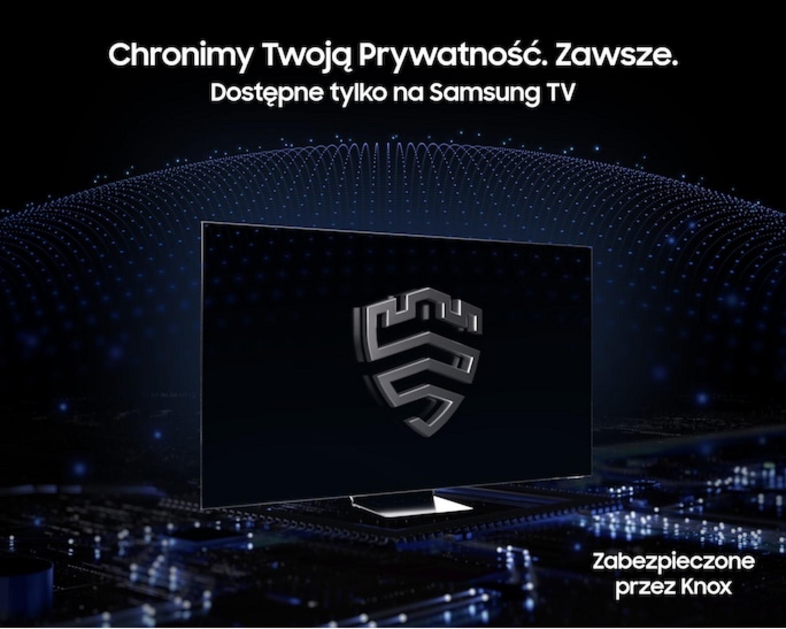 TV Samsung con logo a scudo, a simboleggiare privacy e sicurezza.