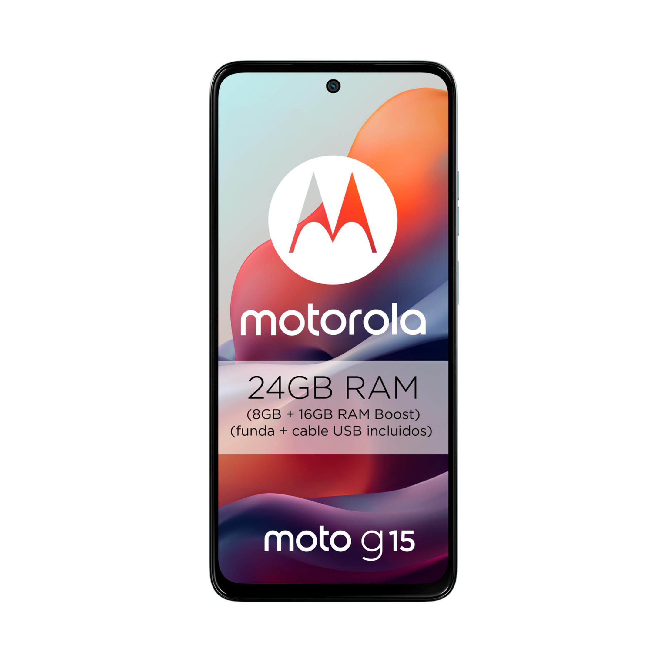 Motorola Moto G15 Smartphone mit 24GB RAM, Hülle und USB-Kabel.